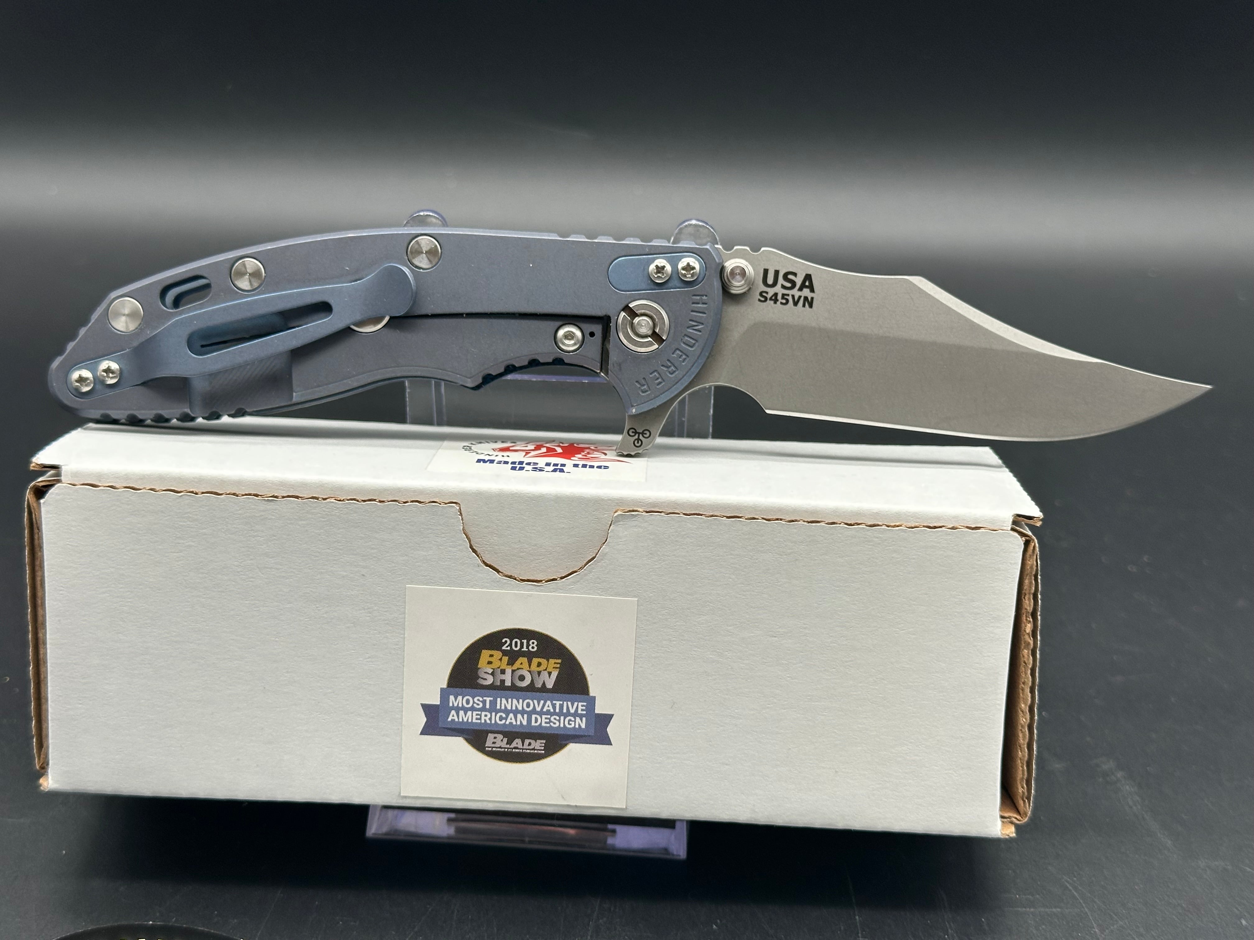 Hinderer XM-18 Bowie flipper working finish battle blue titanium