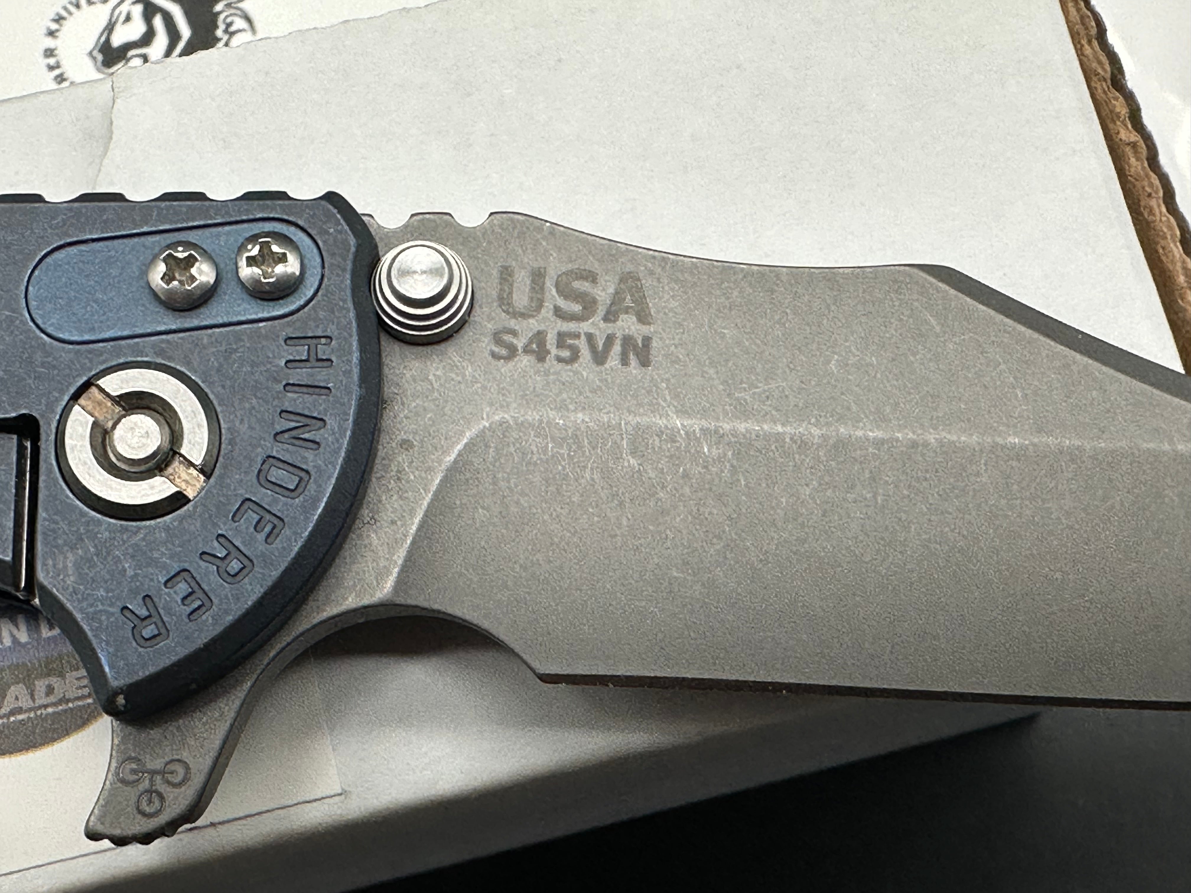 Hinderer XM-18 Bowie flipper working finish battle blue titanium