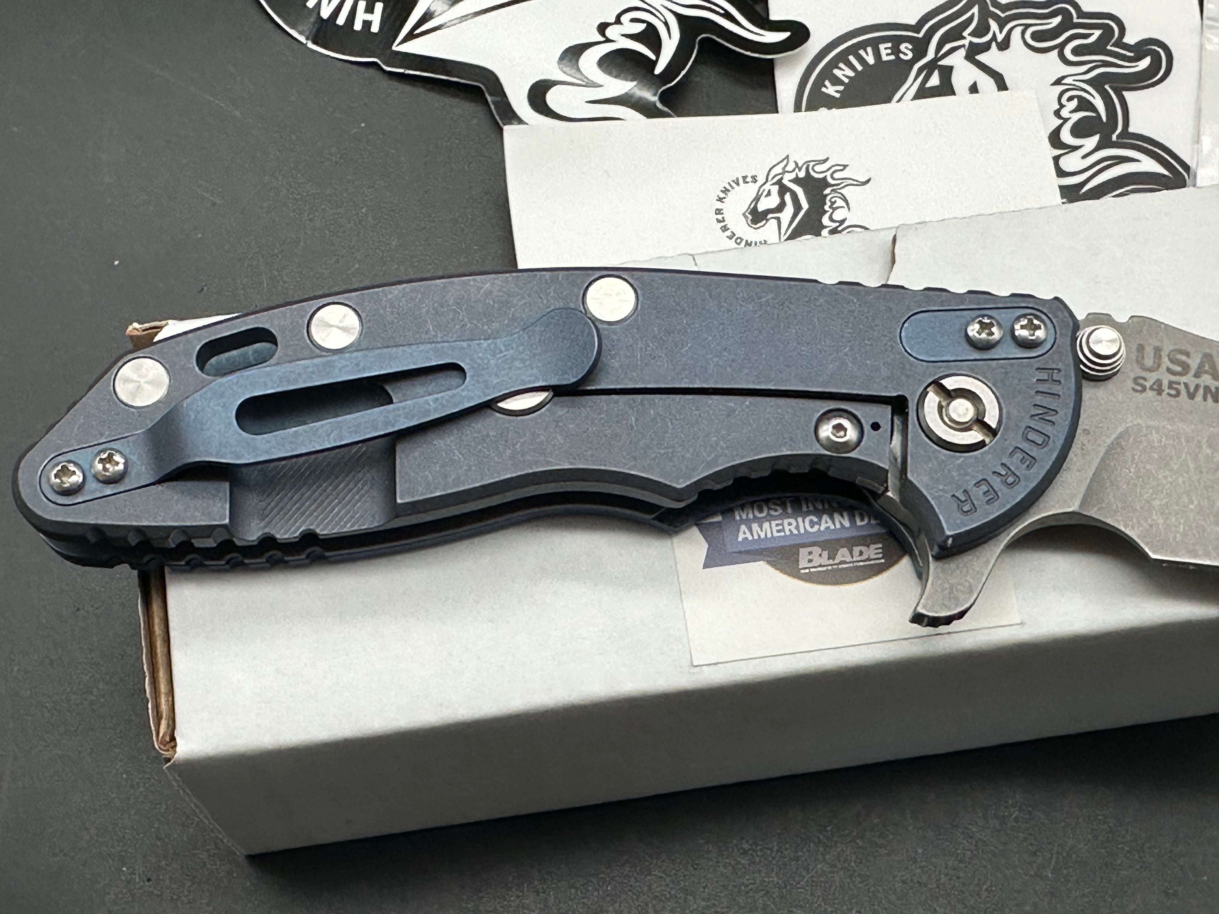 Hinderer XM-18 Bowie flipper working finish battle blue titanium