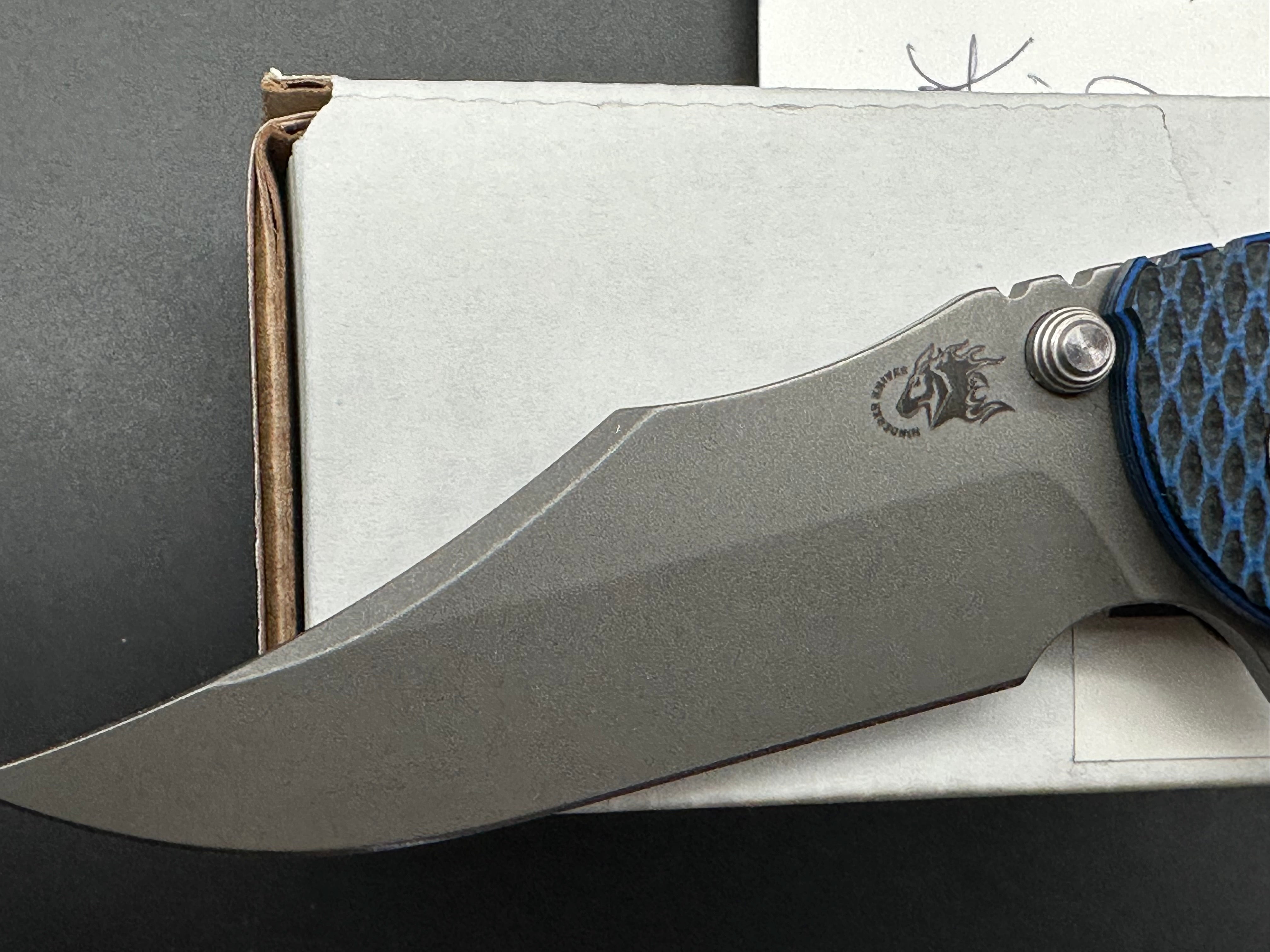 Hinderer XM-18 Bowie flipper working finish battle blue titanium