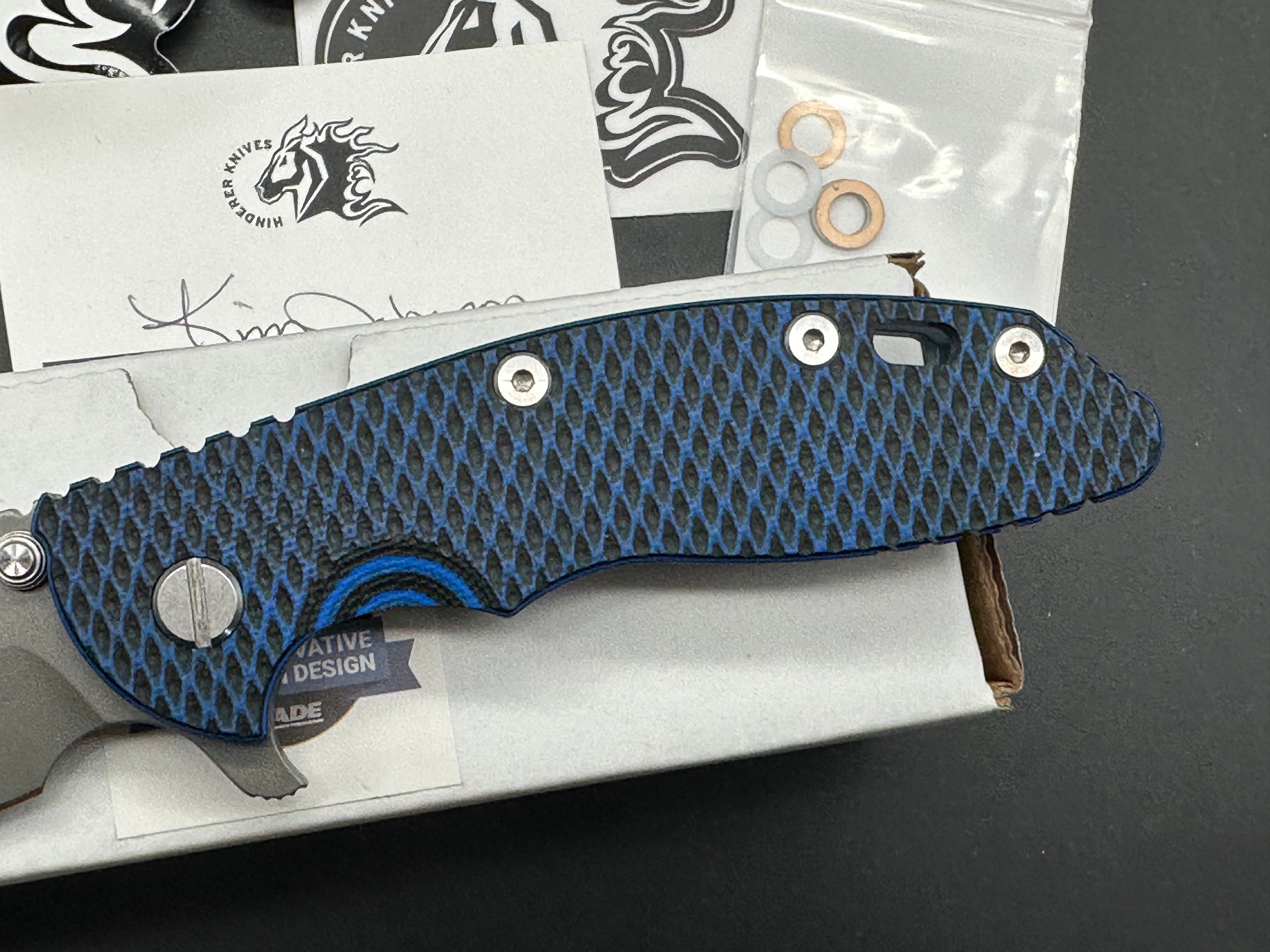 Hinderer XM-18 Bowie flipper working finish battle blue titanium