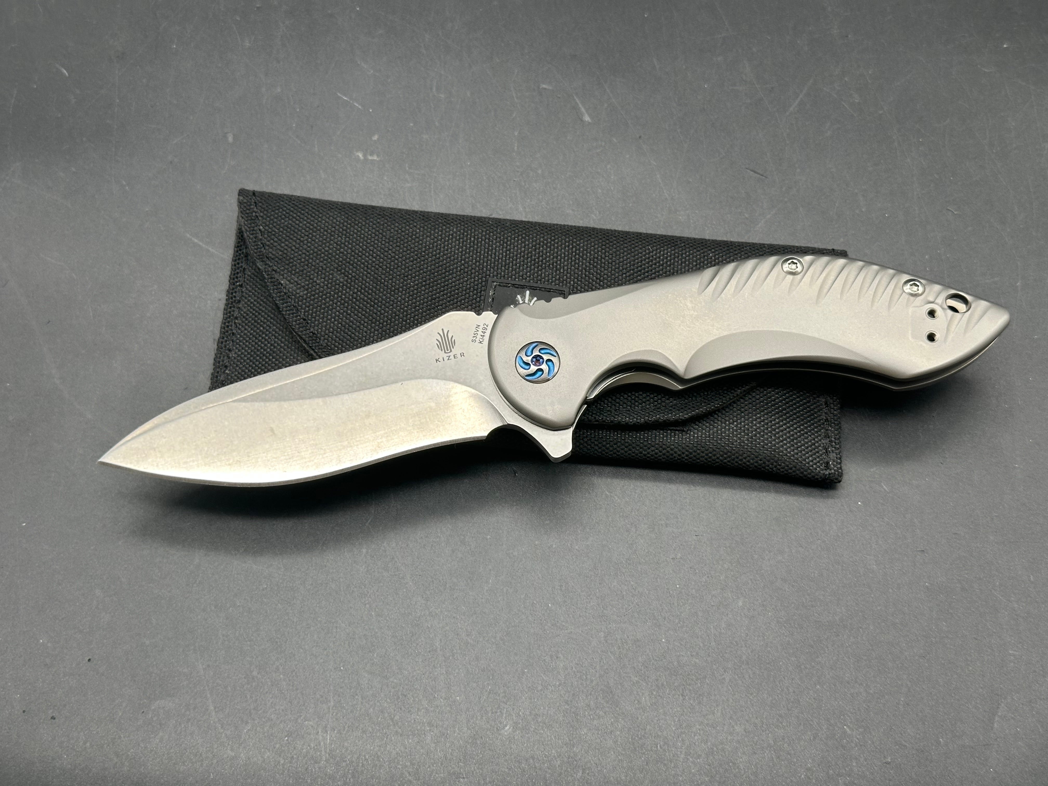 Kizer Alter Ego Titanium Handle, Blue Anodized Hardware, CPM-S35VN (3.50” SW DP) Blade