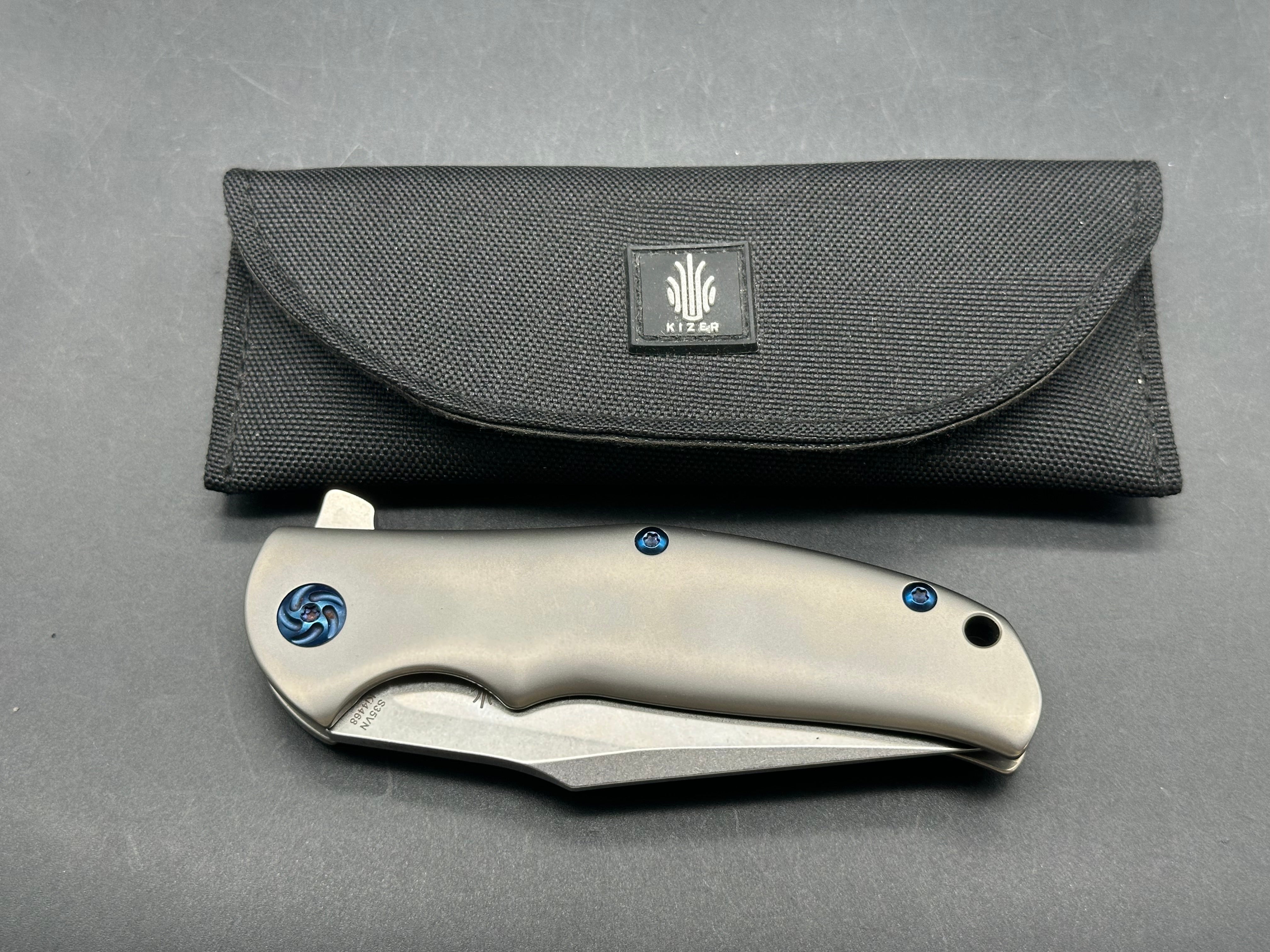 Kizer Intrepid Titanium Handle, Blue Anodized Hardware, CPM-S35VN (3.625” SW CP) Blade