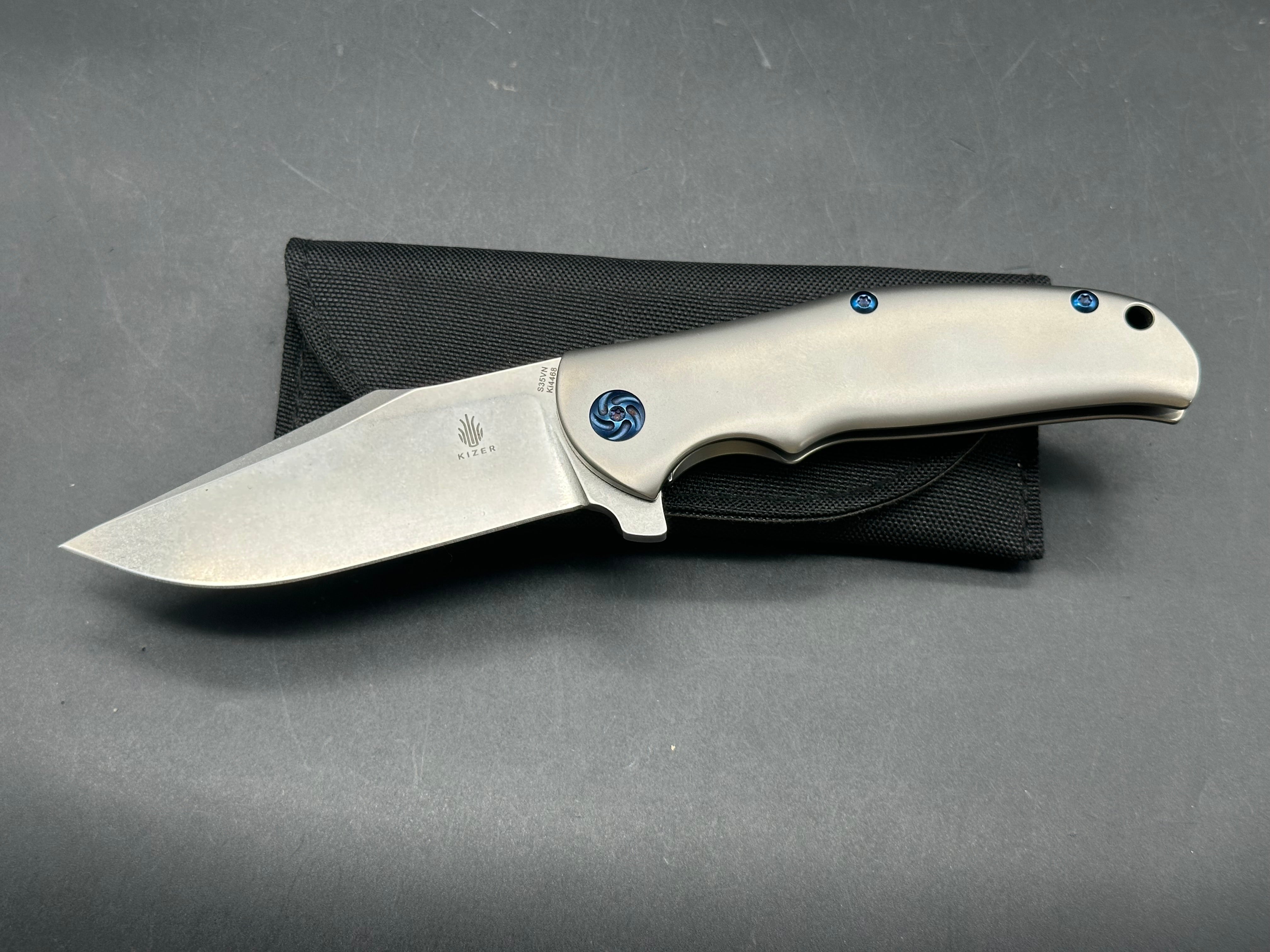 Kizer Intrepid Titanium Handle, Blue Anodized Hardware, CPM-S35VN (3.625” SW CP) Blade