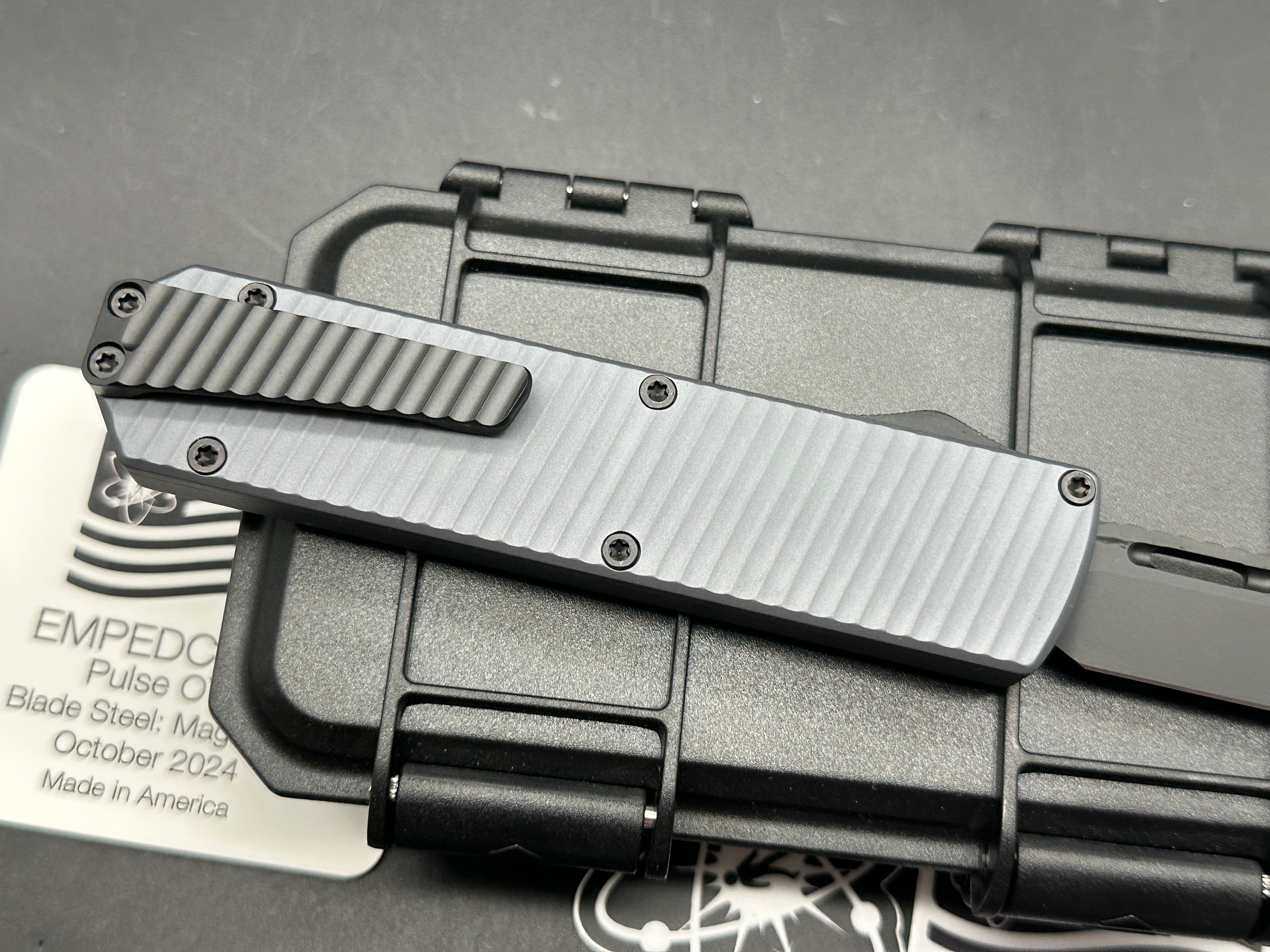 Emp edc pulse OTF grey aluminum handle with black reverse tanto blade