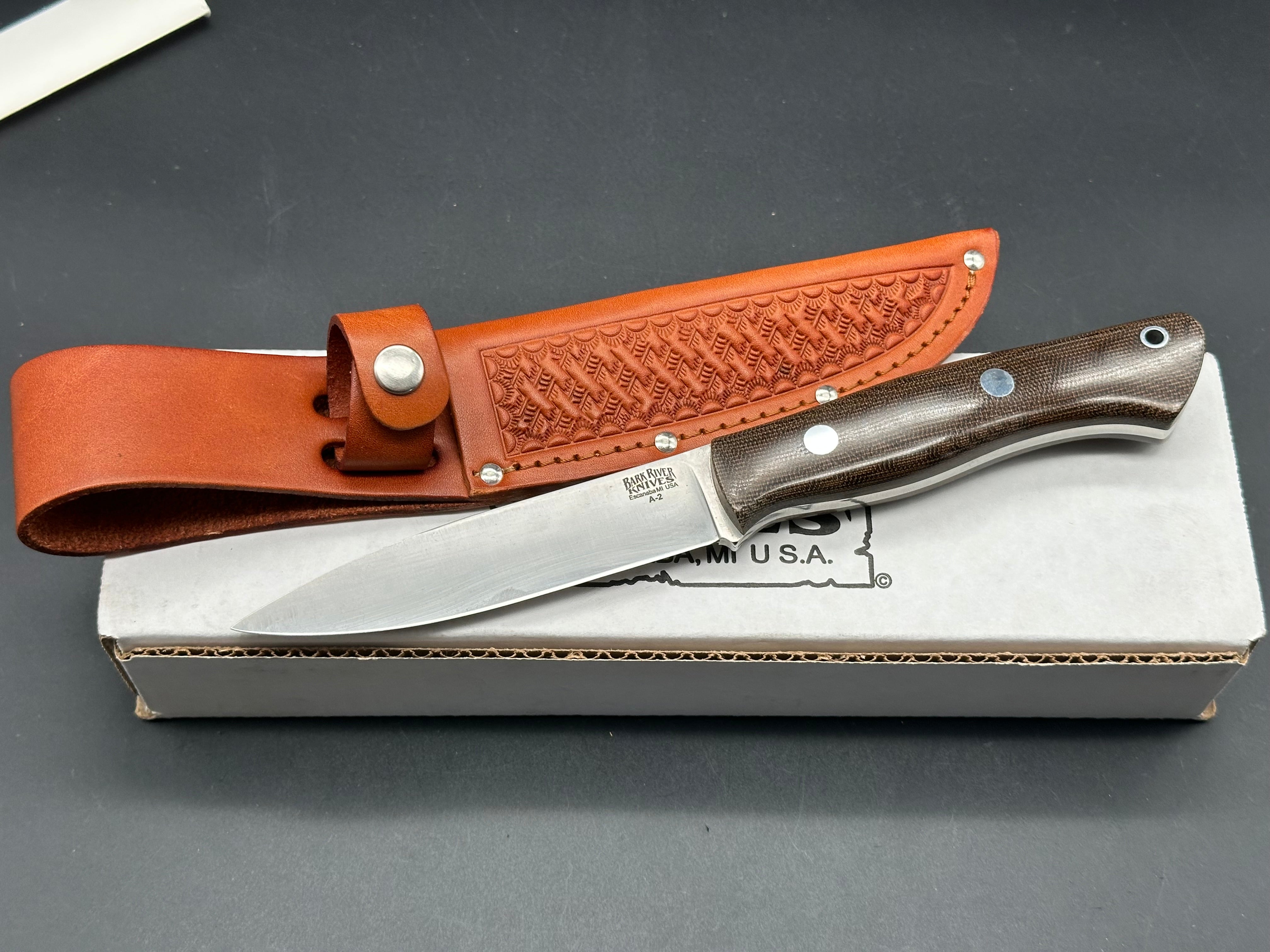 Bark River Aurora green canvas micarta scales, A-2 tool steel blade, brown leather sheath