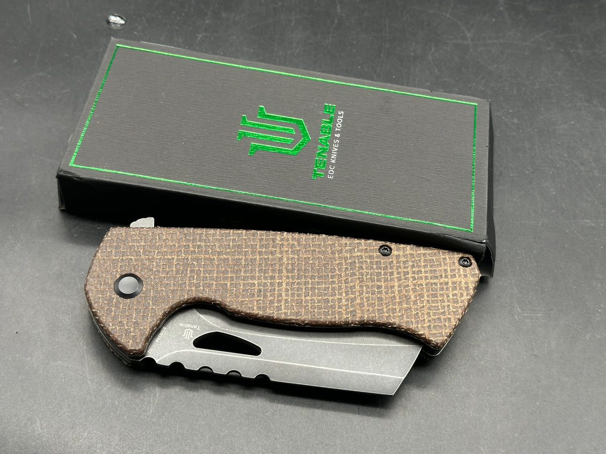 TENABLE LEVIATHAN BROWN MICARTA HANDLE D2 HAWKBILL CLEAVER BLACKWASH FINISH
