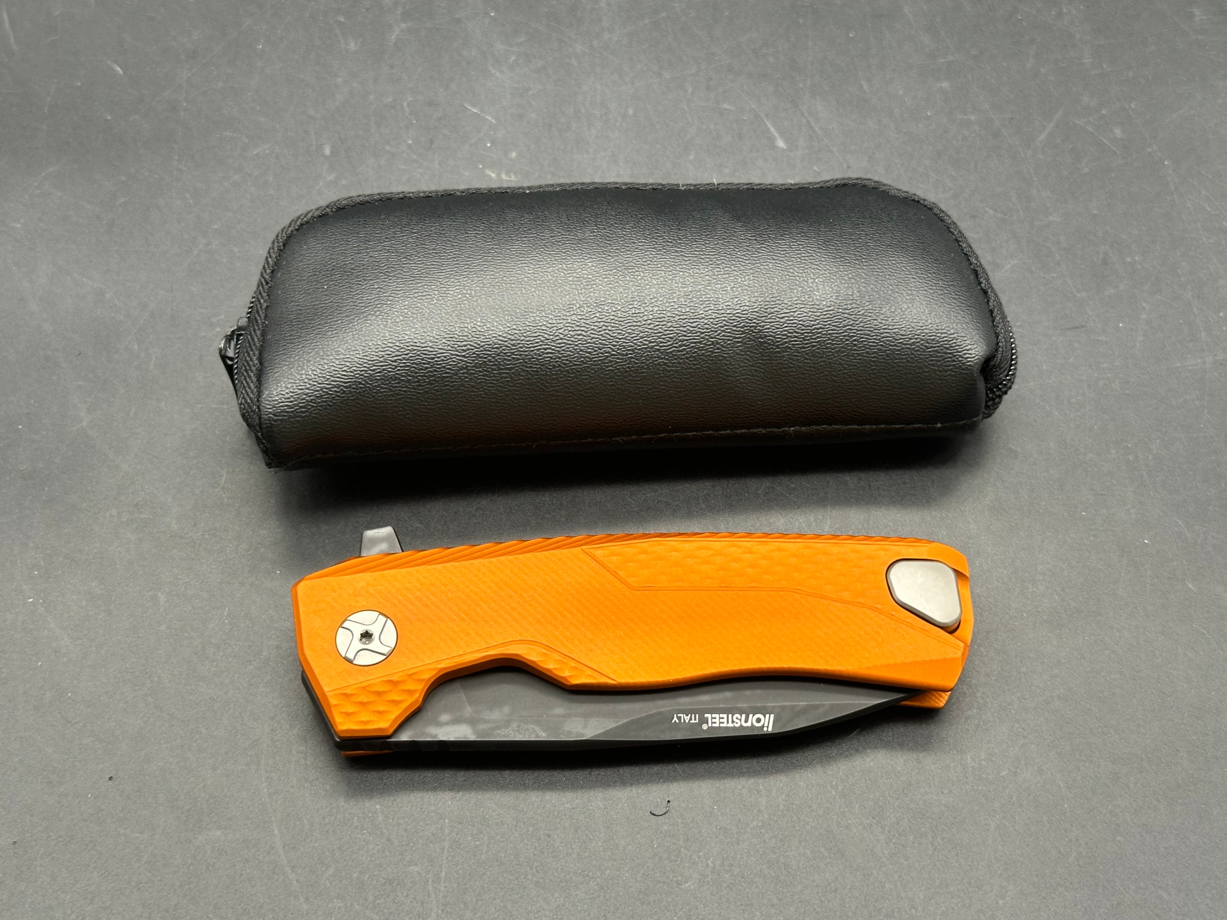 Lionsteel ROK Orange Anodized Aluminum Handle Bohler M390 Black (3.25” DP) Blade