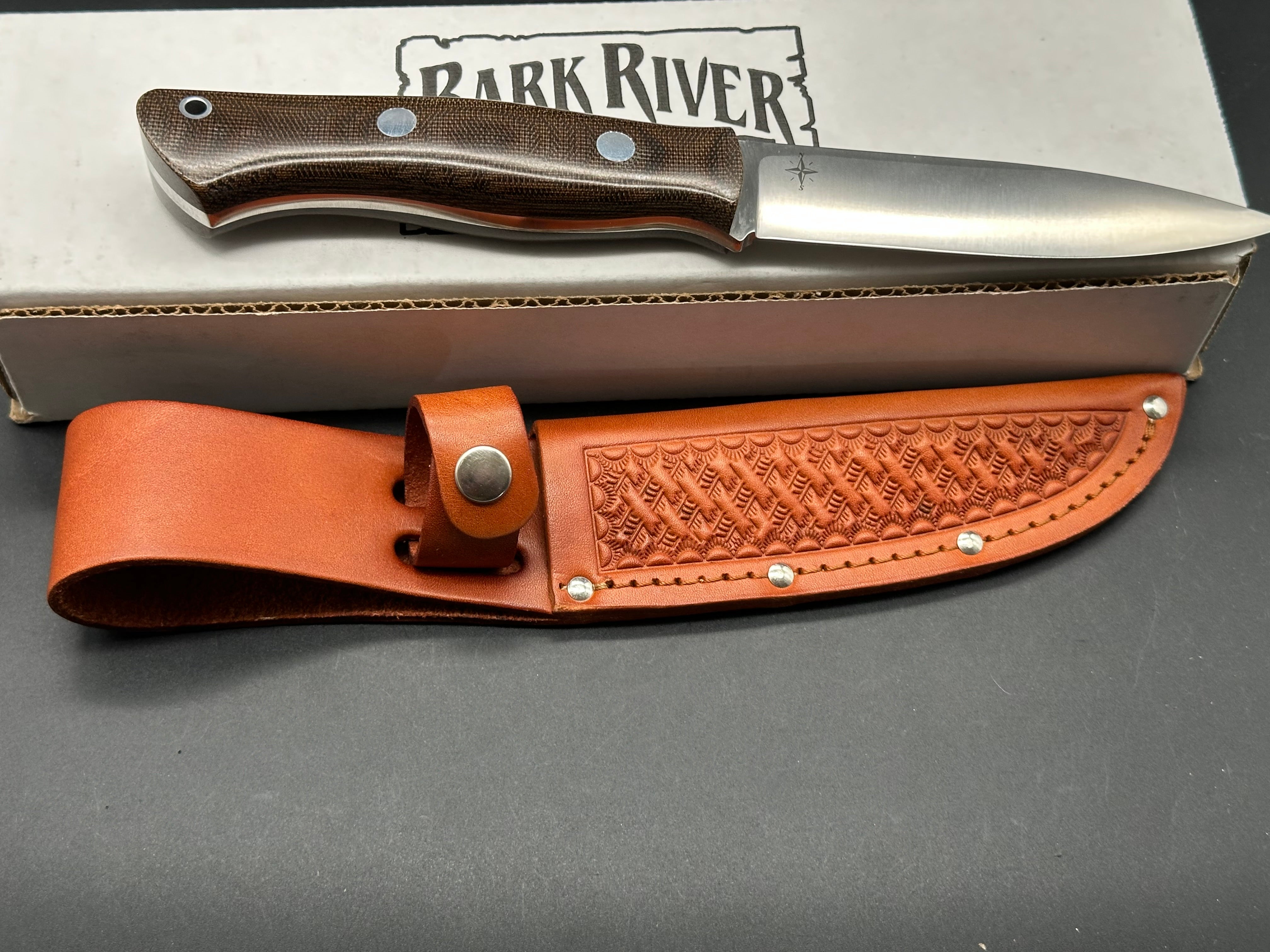 Bark River Aurora green canvas micarta scales, A-2 tool steel blade, brown leather sheath