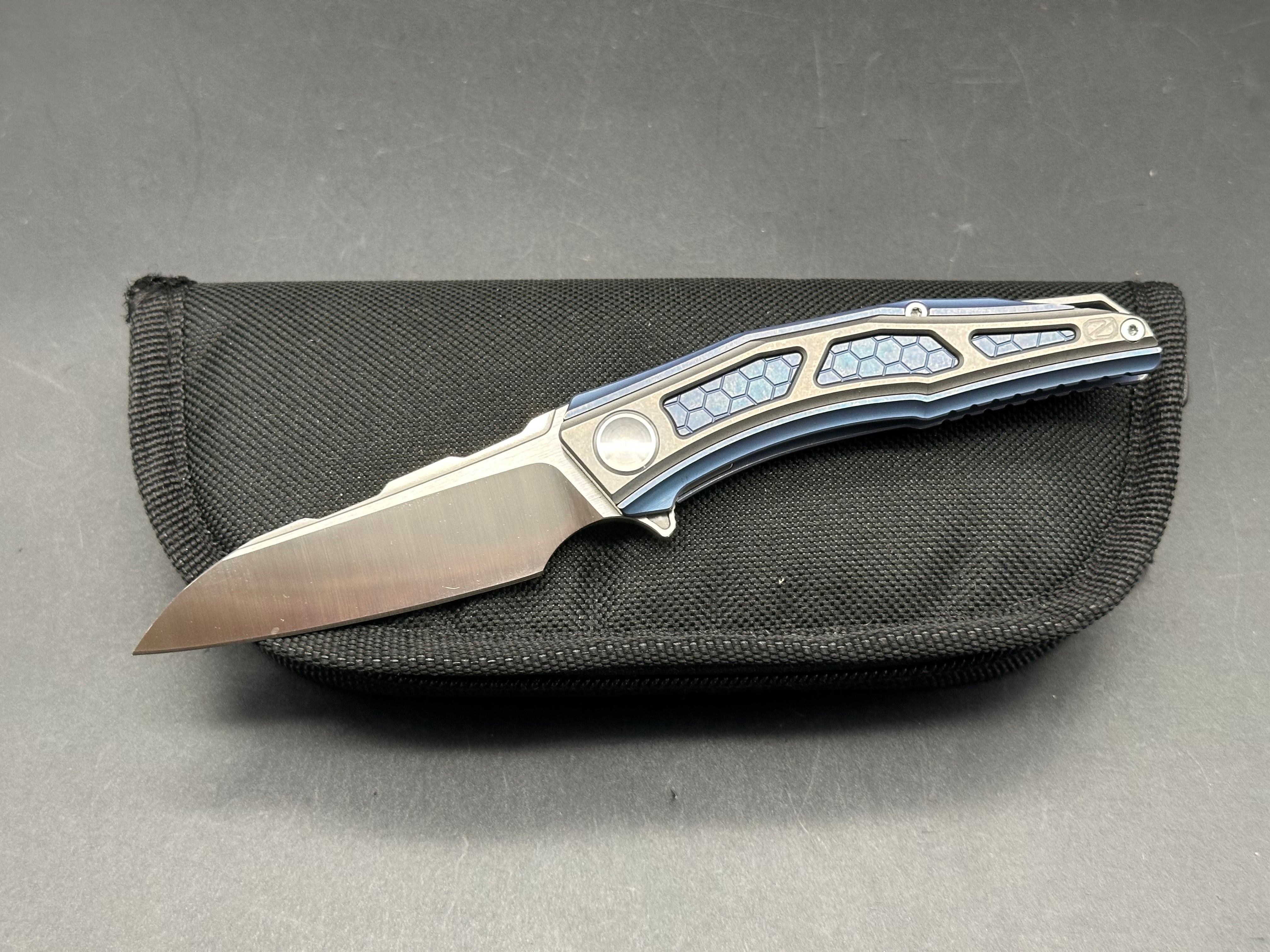 Stedemon Knives - Jenova/Blue Milled Ti + Grey Ti Frame/Wharncliffe/Satin CTS-204P