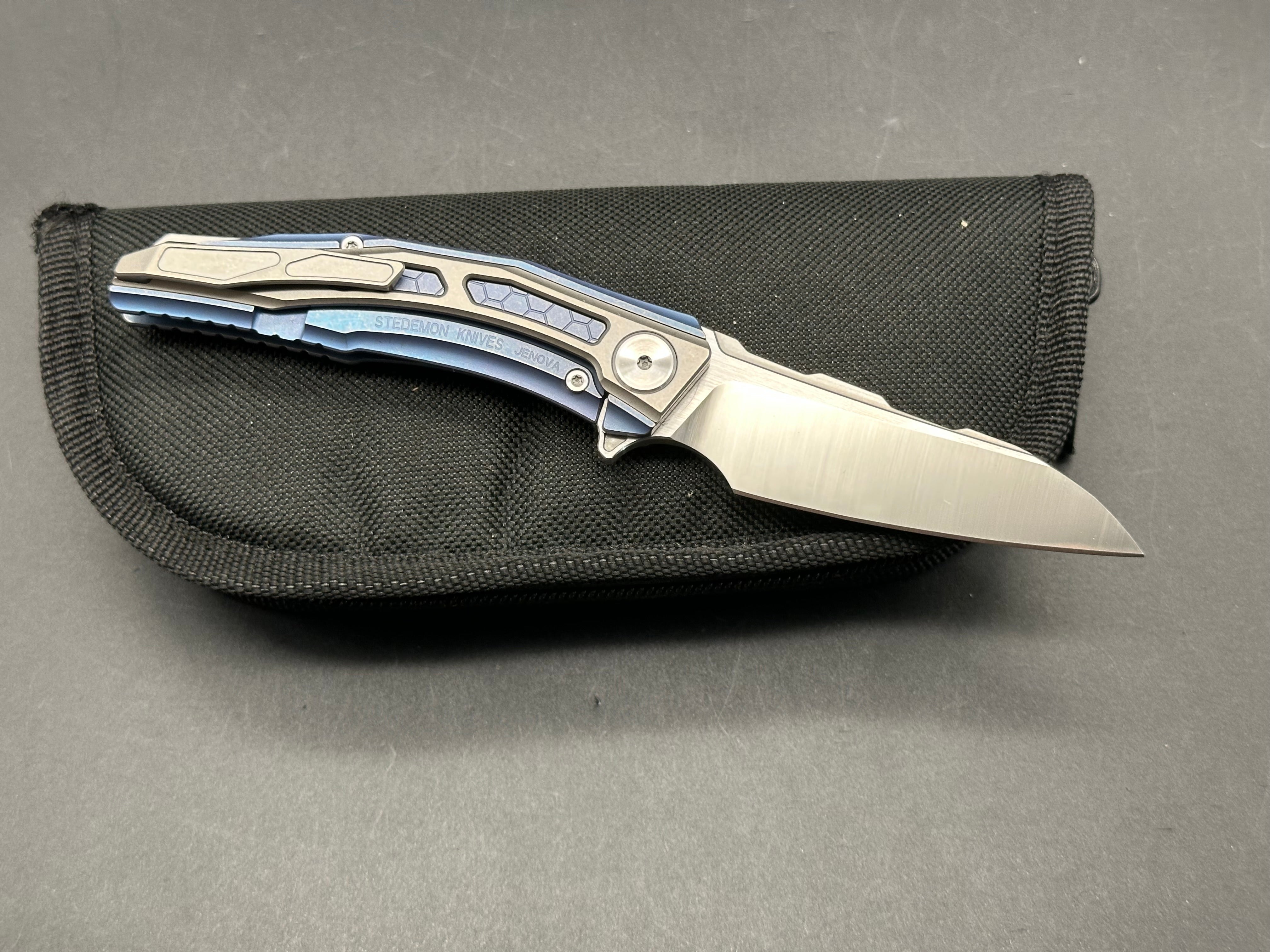 Stedemon Knives - Jenova/Blue Milled Ti + Grey Ti Frame/Wharncliffe/Satin CTS-204P