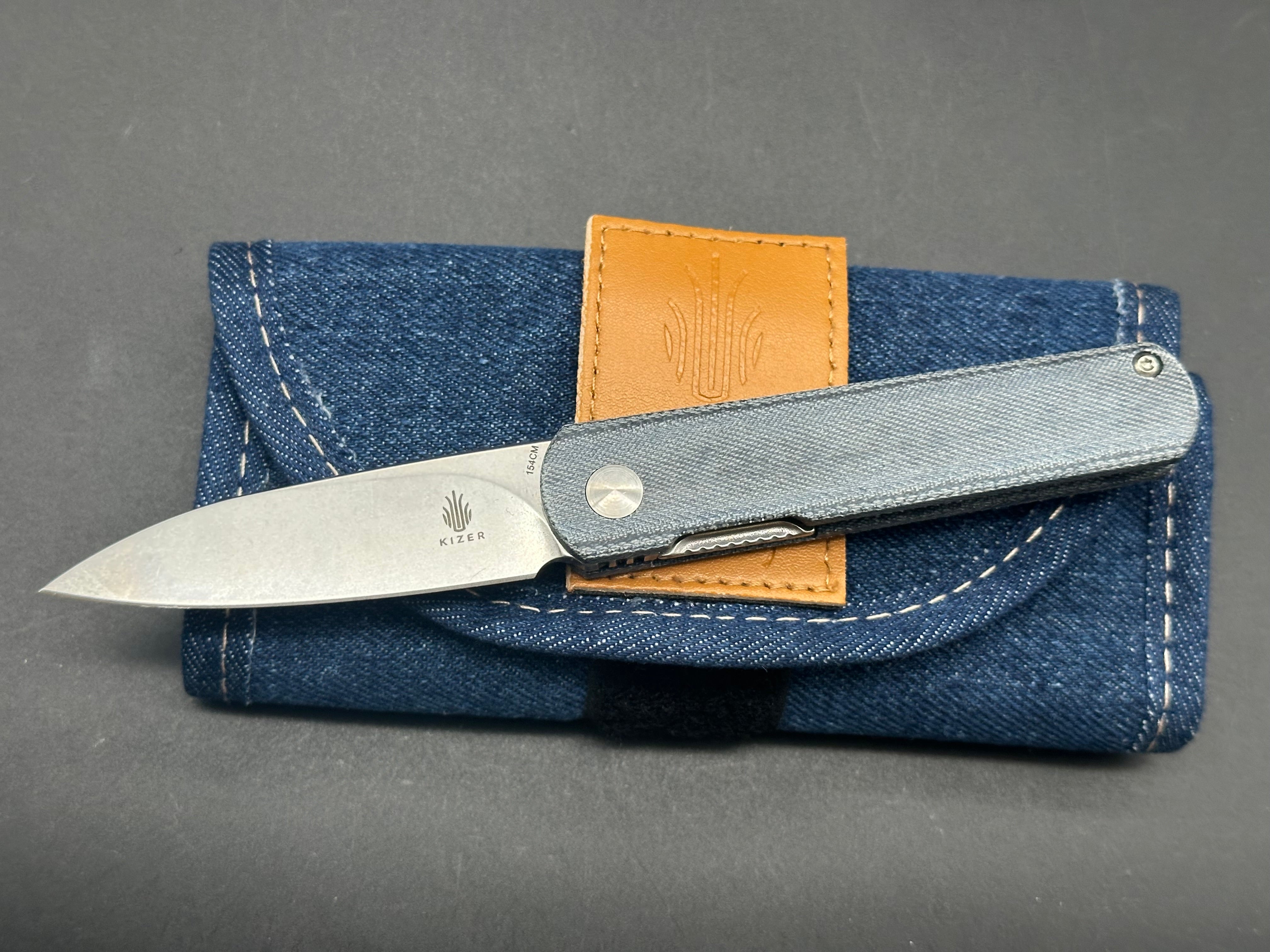 KIZER FEIST FOLDING KNIFE DENIM MICARTA HANDLE 154CM PLAIN EDGE V3499C4