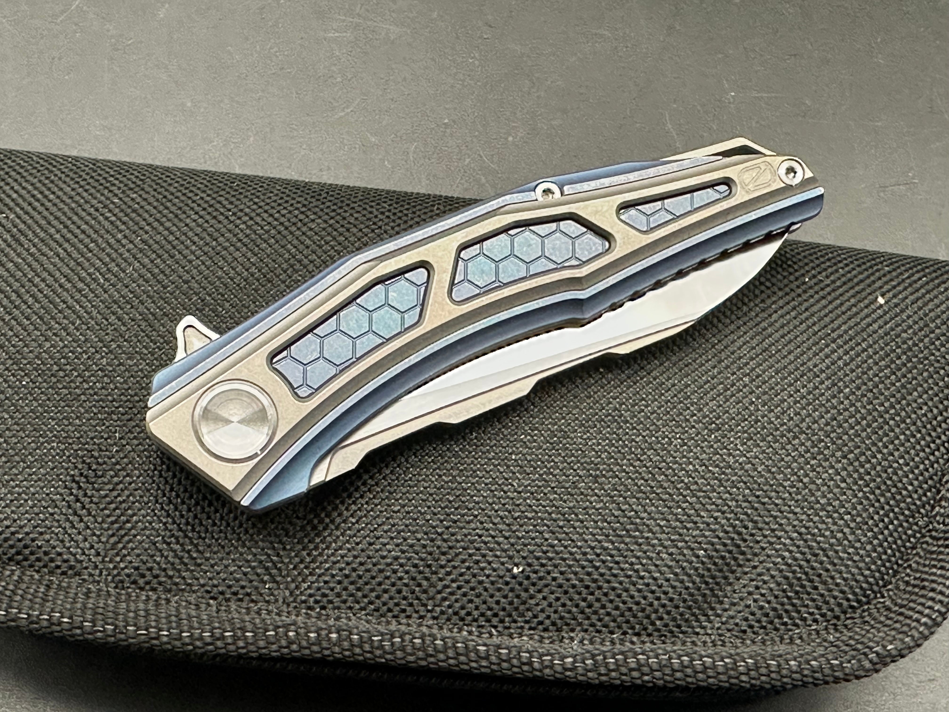 Stedemon Knives - Jenova/Blue Milled Ti + Grey Ti Frame/Wharncliffe/Satin CTS-204P