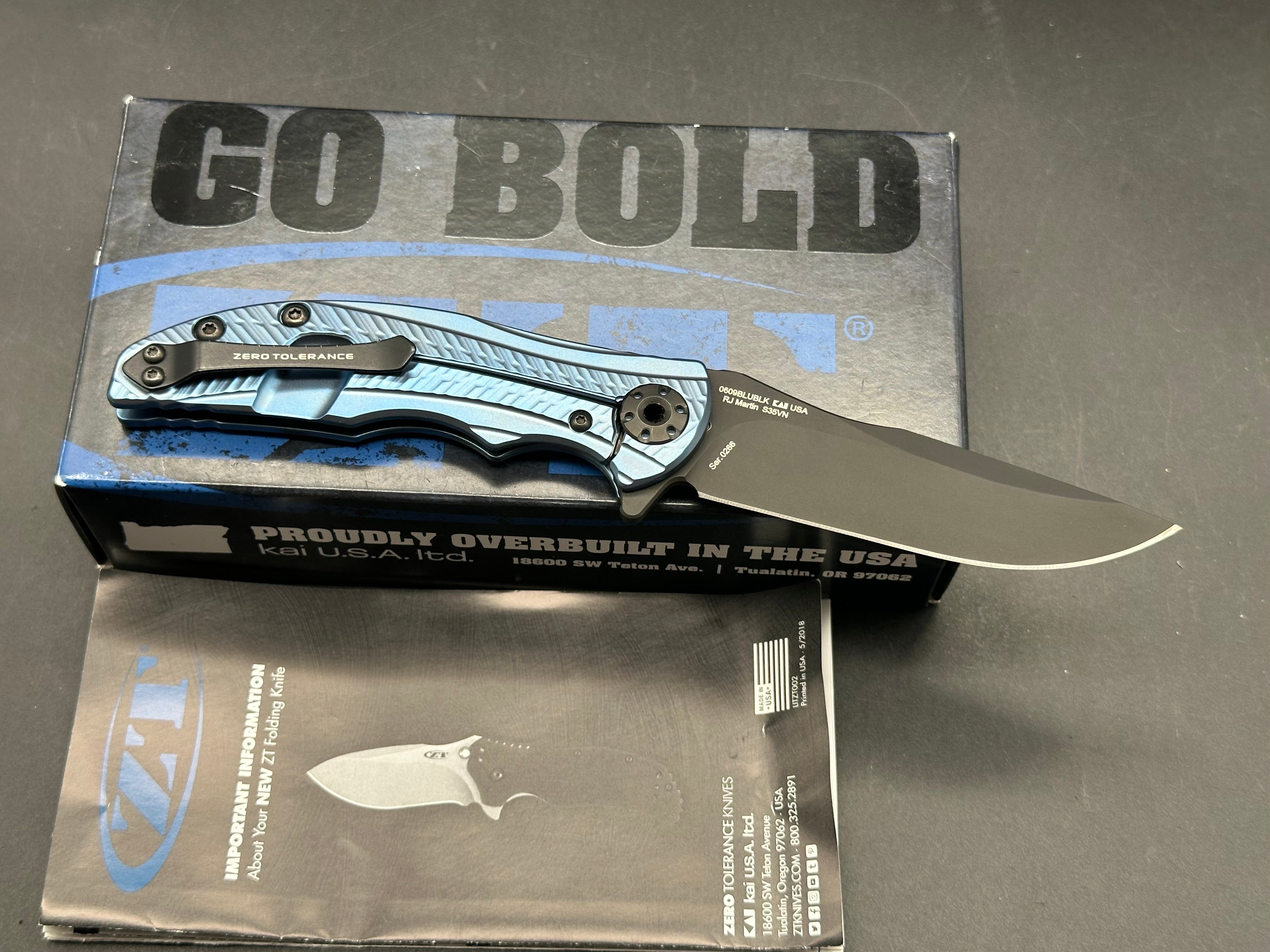 Zero Tolerance RJ Martin 0609BLUBLK Flipper Knife Blue Ti (3.4" Black DLC)
