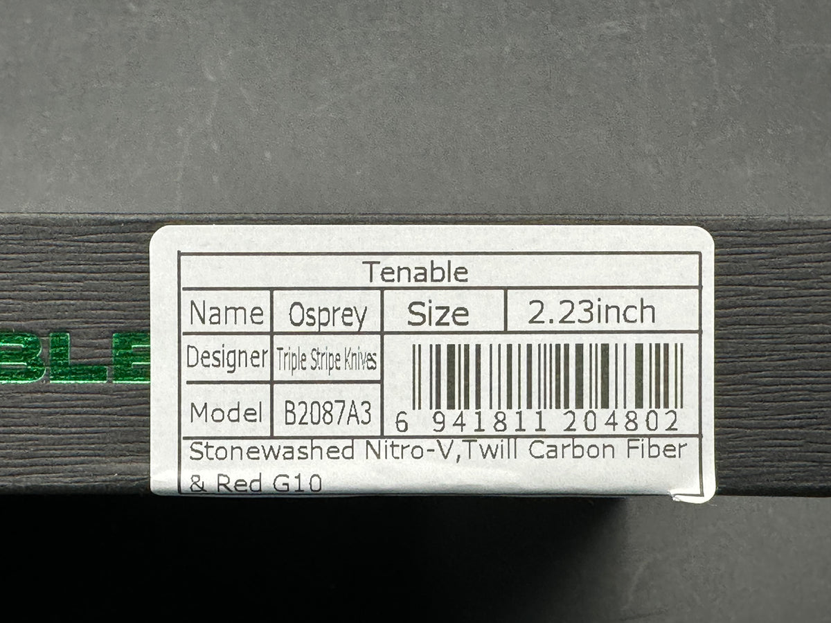 TENABLE OSPREY TWILL CARBON FIBER/RED G10 HANDLE NITRO-V RECURVED HAWKBILL PLAIN EDGE