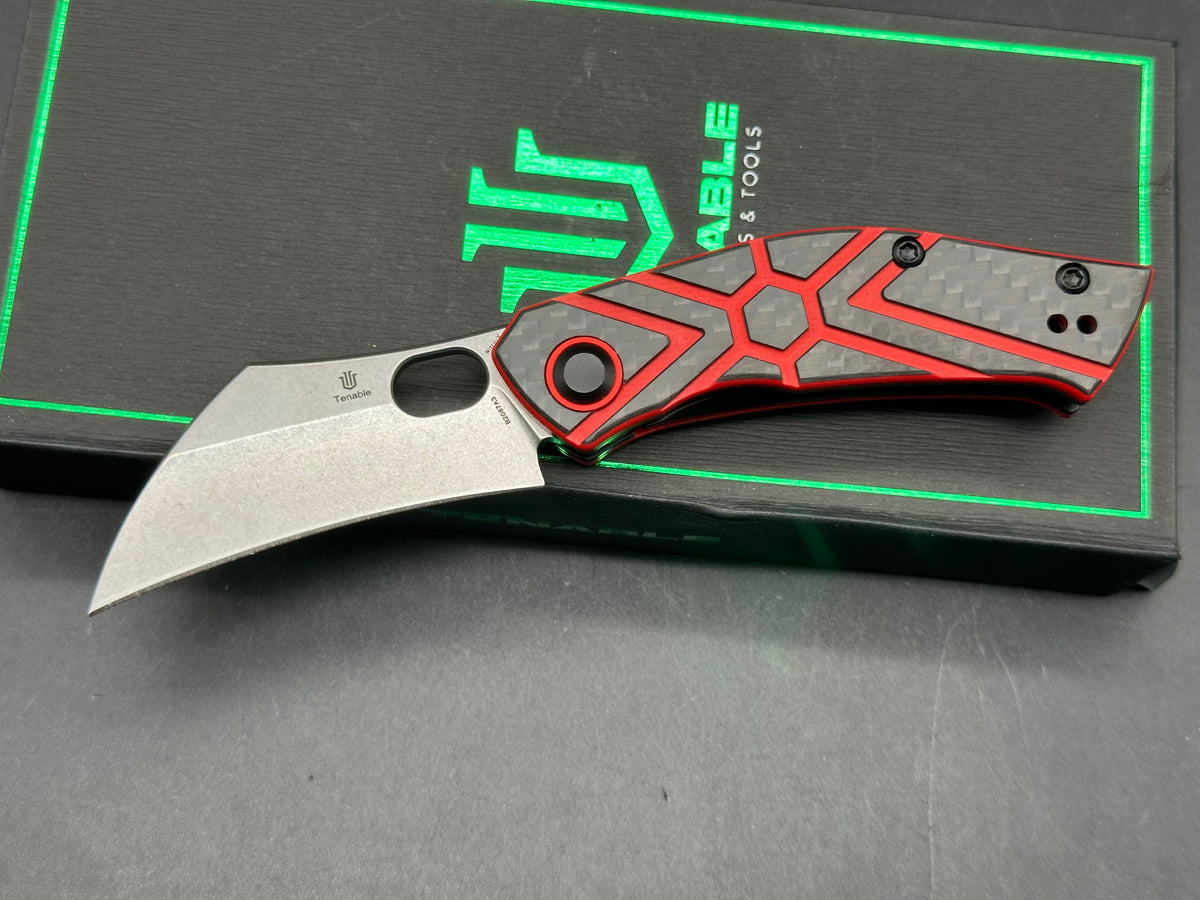 TENABLE OSPREY TWILL CARBON FIBER/RED G10 HANDLE NITRO-V RECURVED HAWKBILL PLAIN EDGE