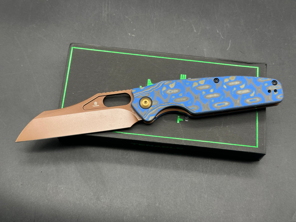 TENABLE TUCKAMORE BLUE & YELLOW VORTEX MICARTA HANDLE 3.54" ROSE GOLD NITRO-V BLADE
