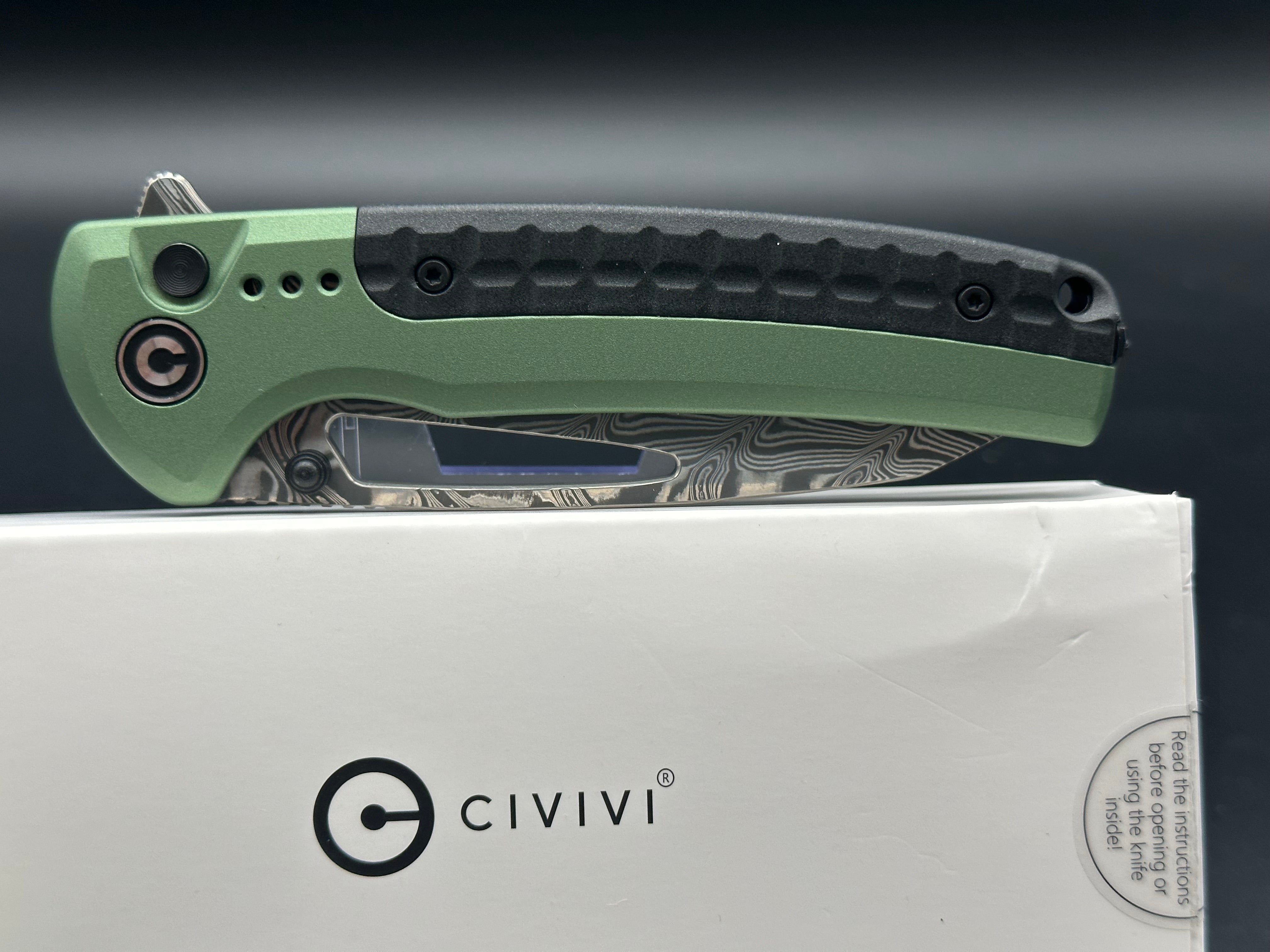 CIVIVI SENTINEL STRIKE GREEN ALUMINUM/BLACK HANDLE DAMASCUS REVERSE TANTO