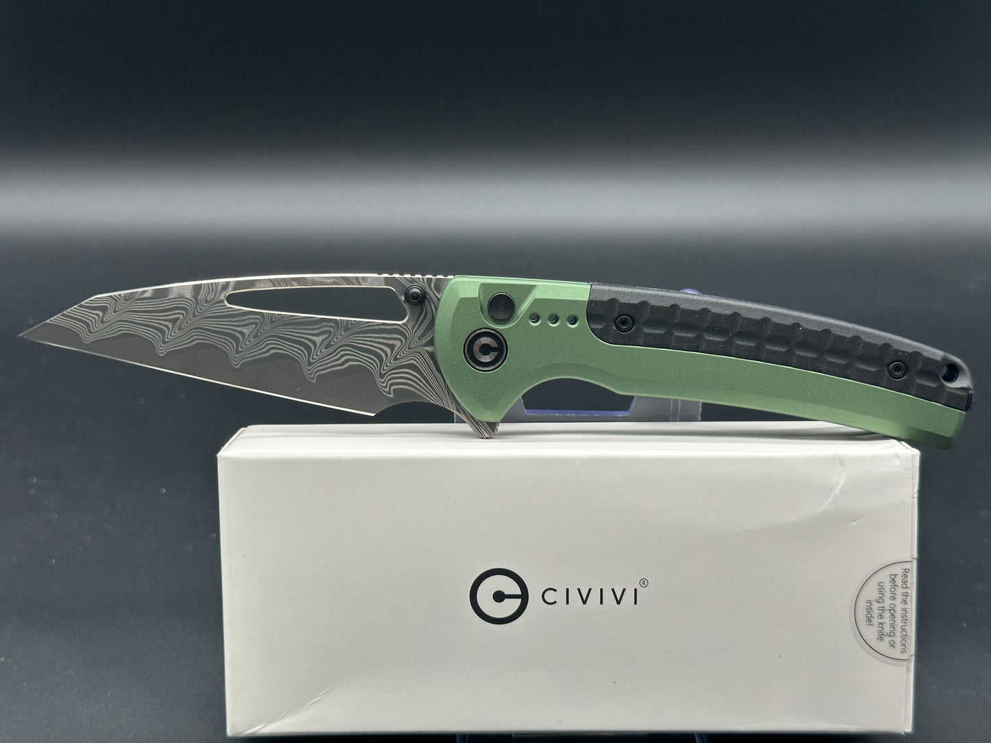 CIVIVI SENTINEL STRIKE GREEN ALUMINUM/BLACK HANDLE DAMASCUS REVERSE TANTO