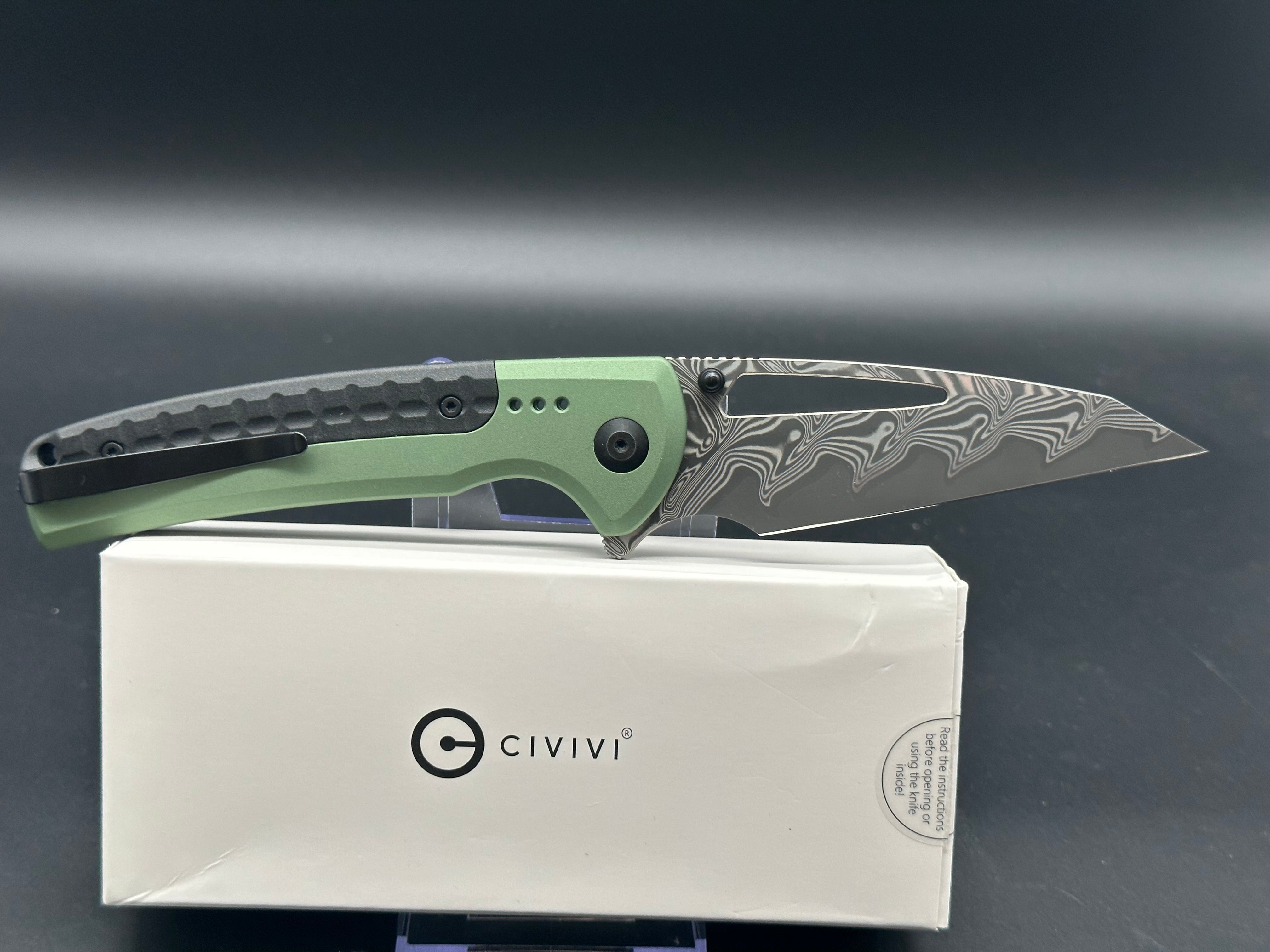 CIVIVI SENTINEL STRIKE GREEN ALUMINUM/BLACK HANDLE DAMASCUS REVERSE TANTO