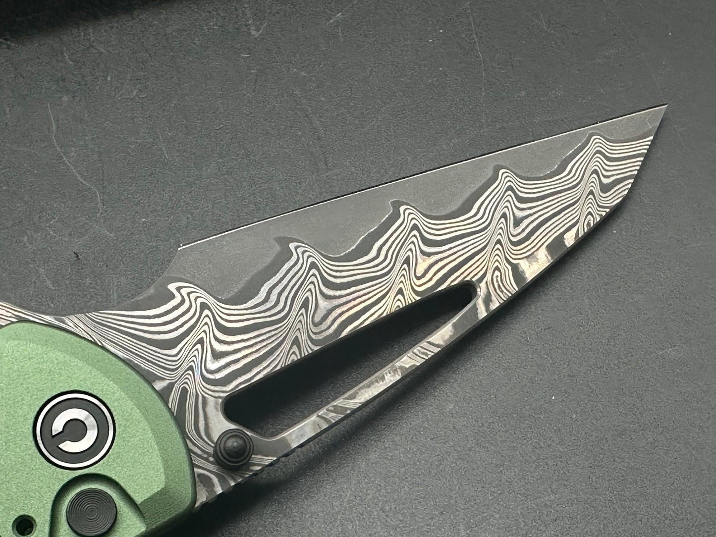 CIVIVI SENTINEL STRIKE GREEN ALUMINUM/BLACK HANDLE DAMASCUS REVERSE TANTO