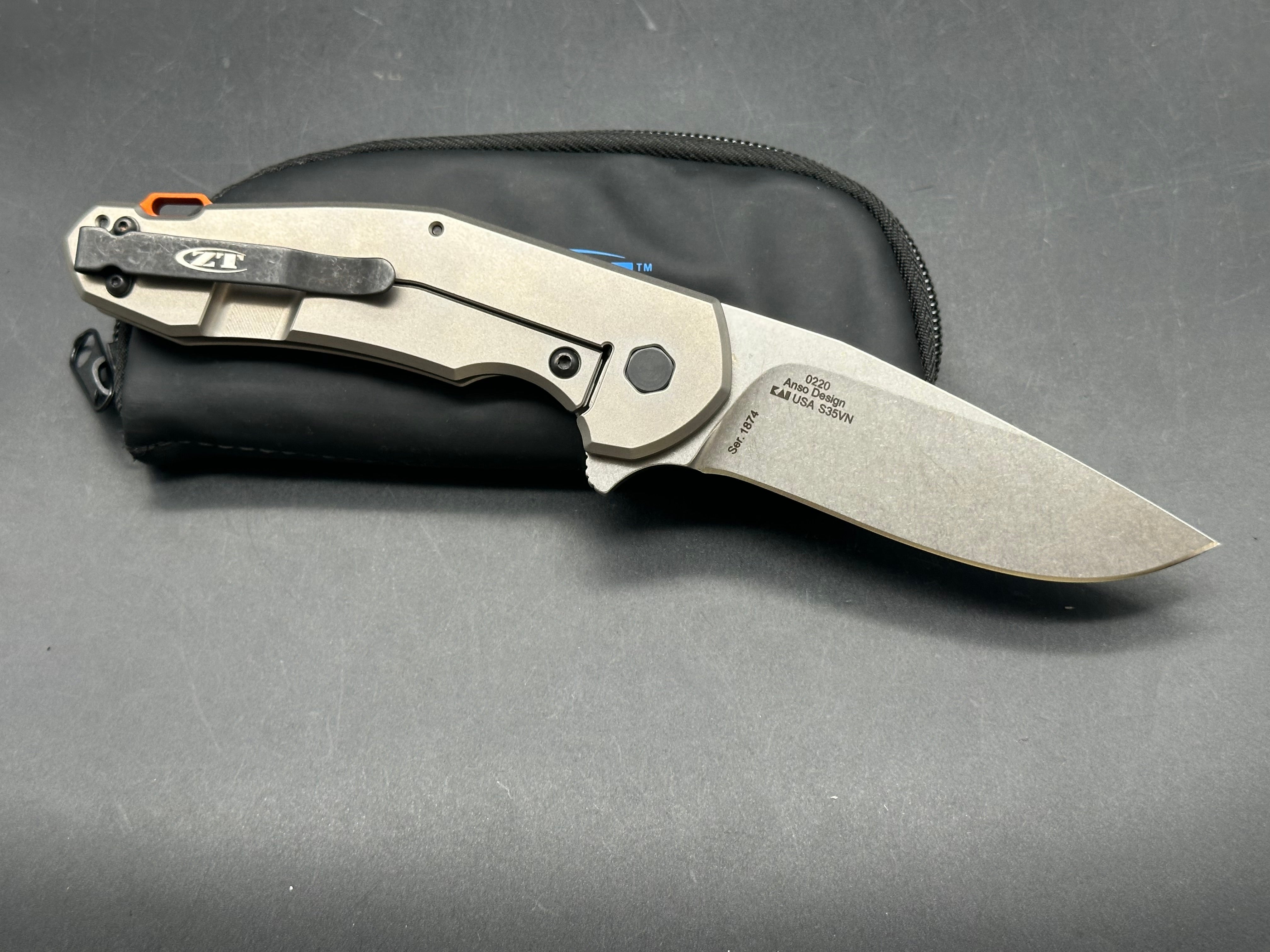Zero Tolerance Anso 0220 Titanium Handle with Orange Anodized Back Spacer, CPM-S35VN (3.50” SW DP) Blade