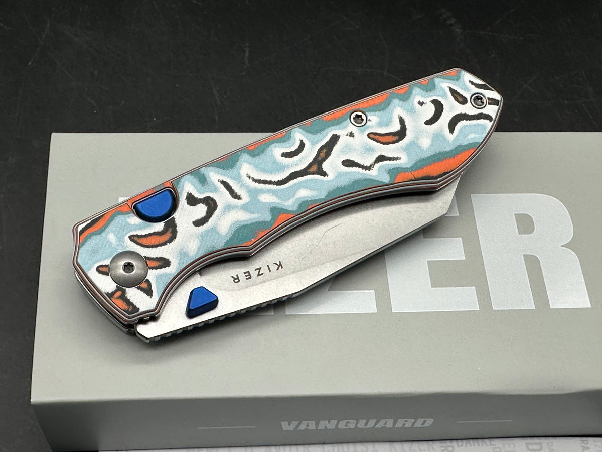 Kizer Wharning button liner lock knife vortex pattern micarta handle 3.4 inch blade of N690