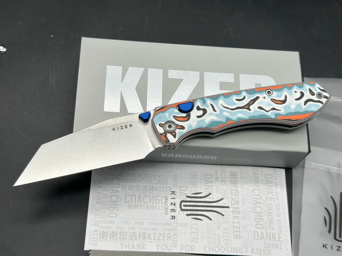 Kizer Wharning button liner lock knife vortex pattern micarta handle 3.4 inch blade of N690