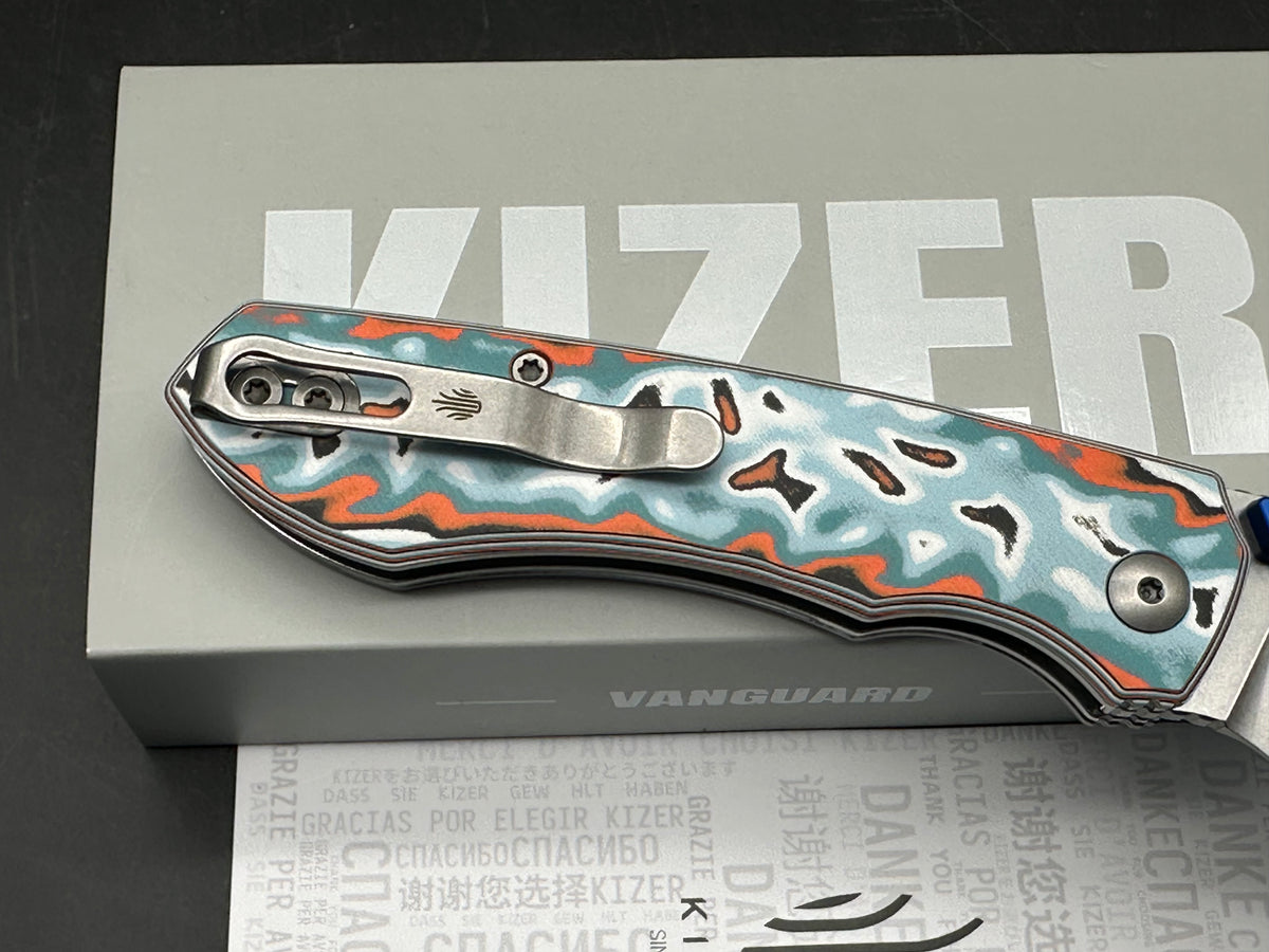 Kizer Wharning button liner lock knife vortex pattern micarta handle 3.4 inch blade of N690