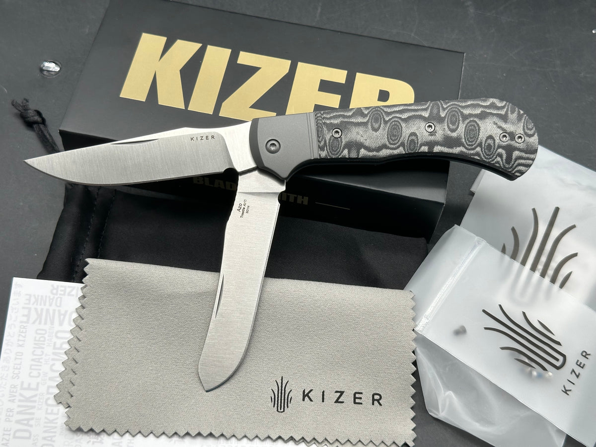 Kizer Trestle 2 bladed slip joint knife Vortex micarta/aluminum handle and BD1N blades