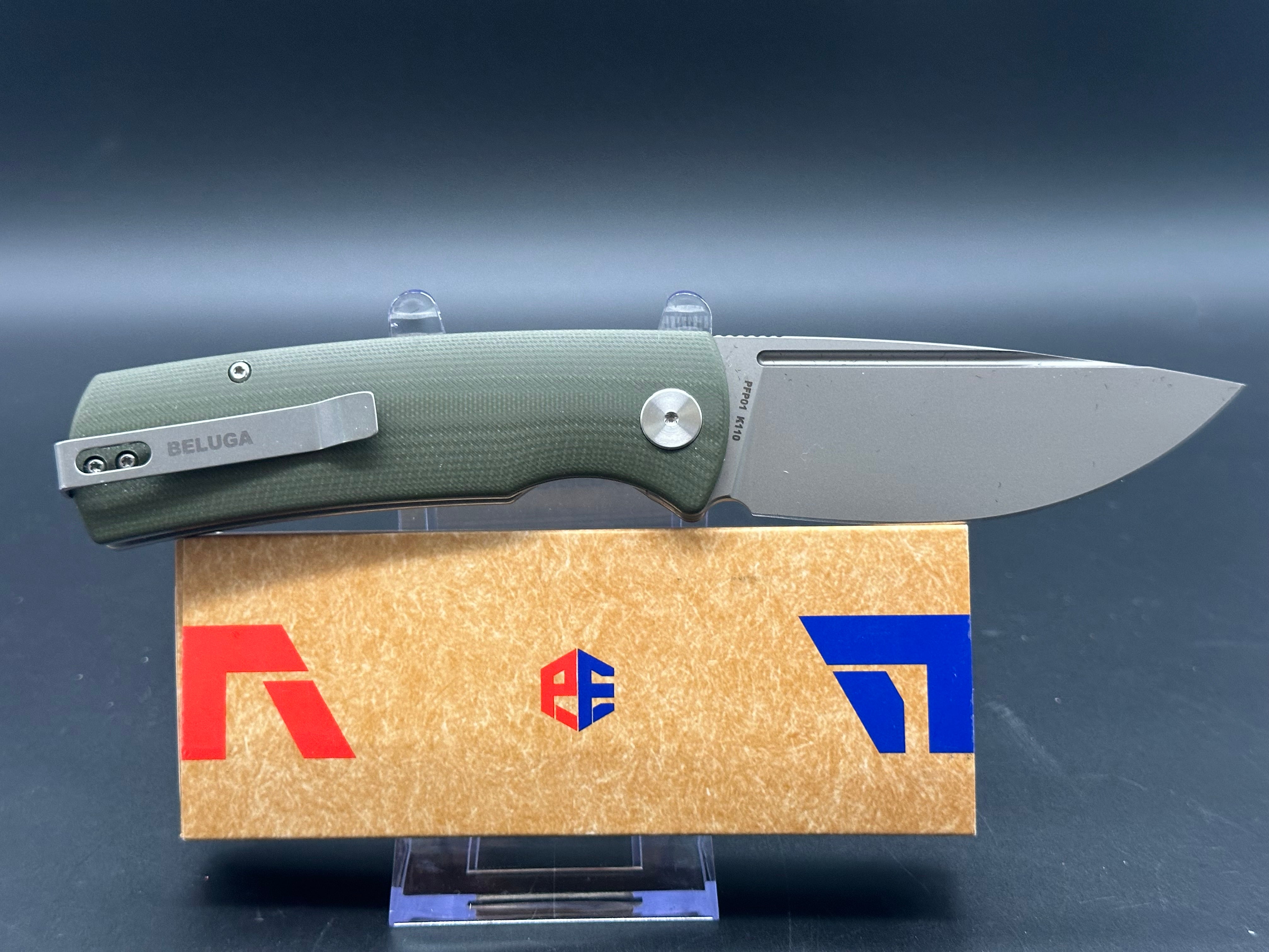 PETRIFIED FISH BELUGA FOLDING KNIFE GREEN G10 HANDLE K110 PLAIN EDGE SANDBLAST FINISH