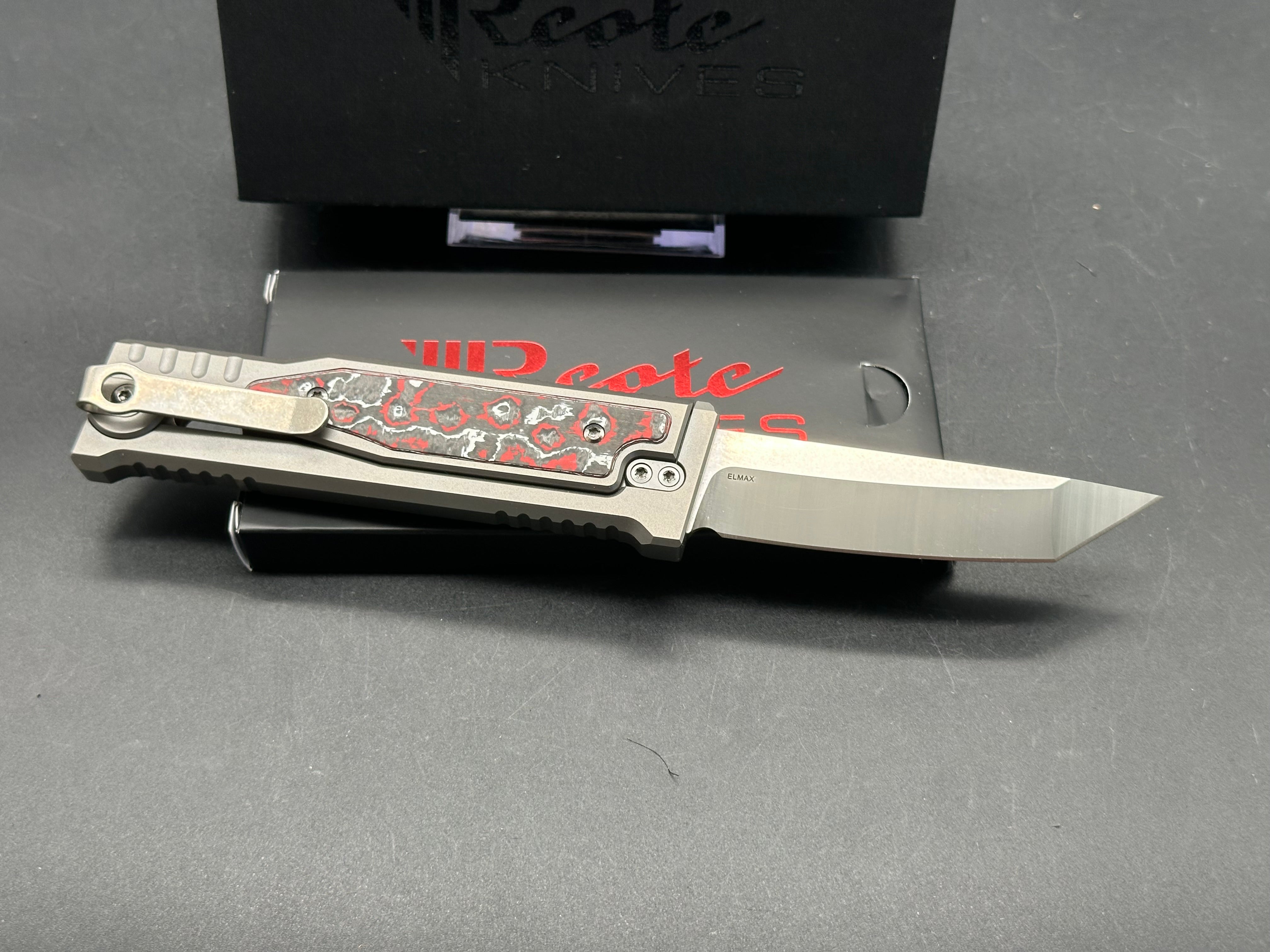 Reate Knives - EXO-M/Grey Ti Frame + Red Marble Fat Carbon Inlays/Tanto Elmax