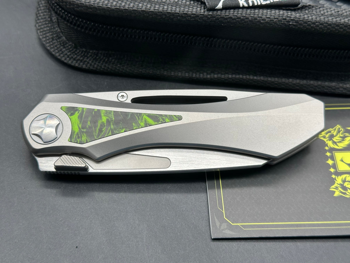 KniClad Prism Pact Silver Titanium & Green Carbon Fiber Handle Thumb Stud Liner Lock (3.43" Brushed S35VN)