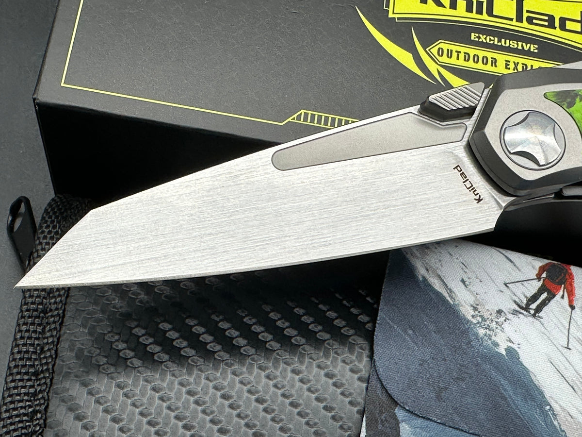 KniClad Prism Pact Silver Titanium & Green Carbon Fiber Handle Thumb Stud Liner Lock (3.43" Brushed S35VN)