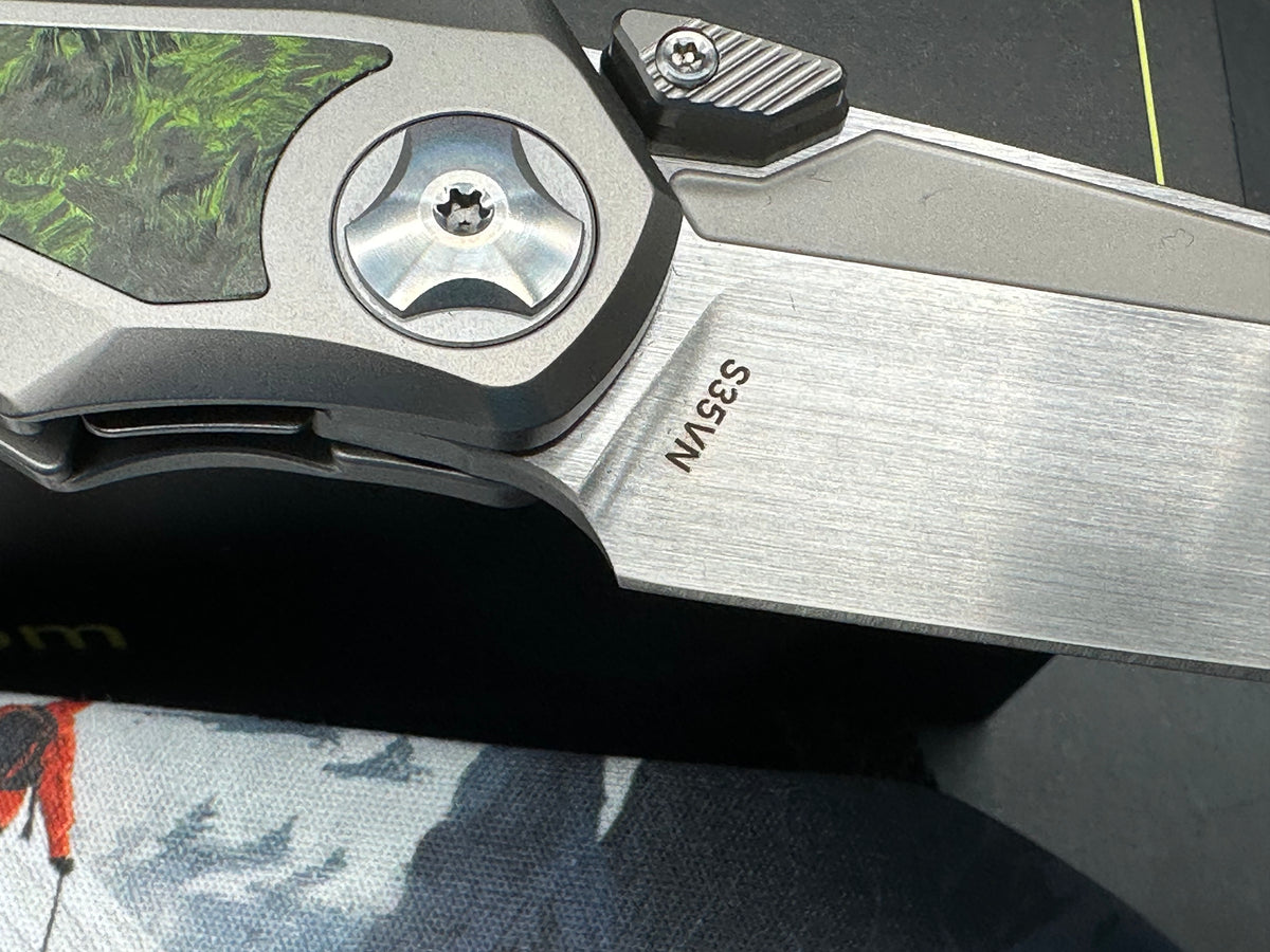 KniClad Prism Pact Silver Titanium & Green Carbon Fiber Handle Thumb Stud Liner Lock (3.43" Brushed S35VN)