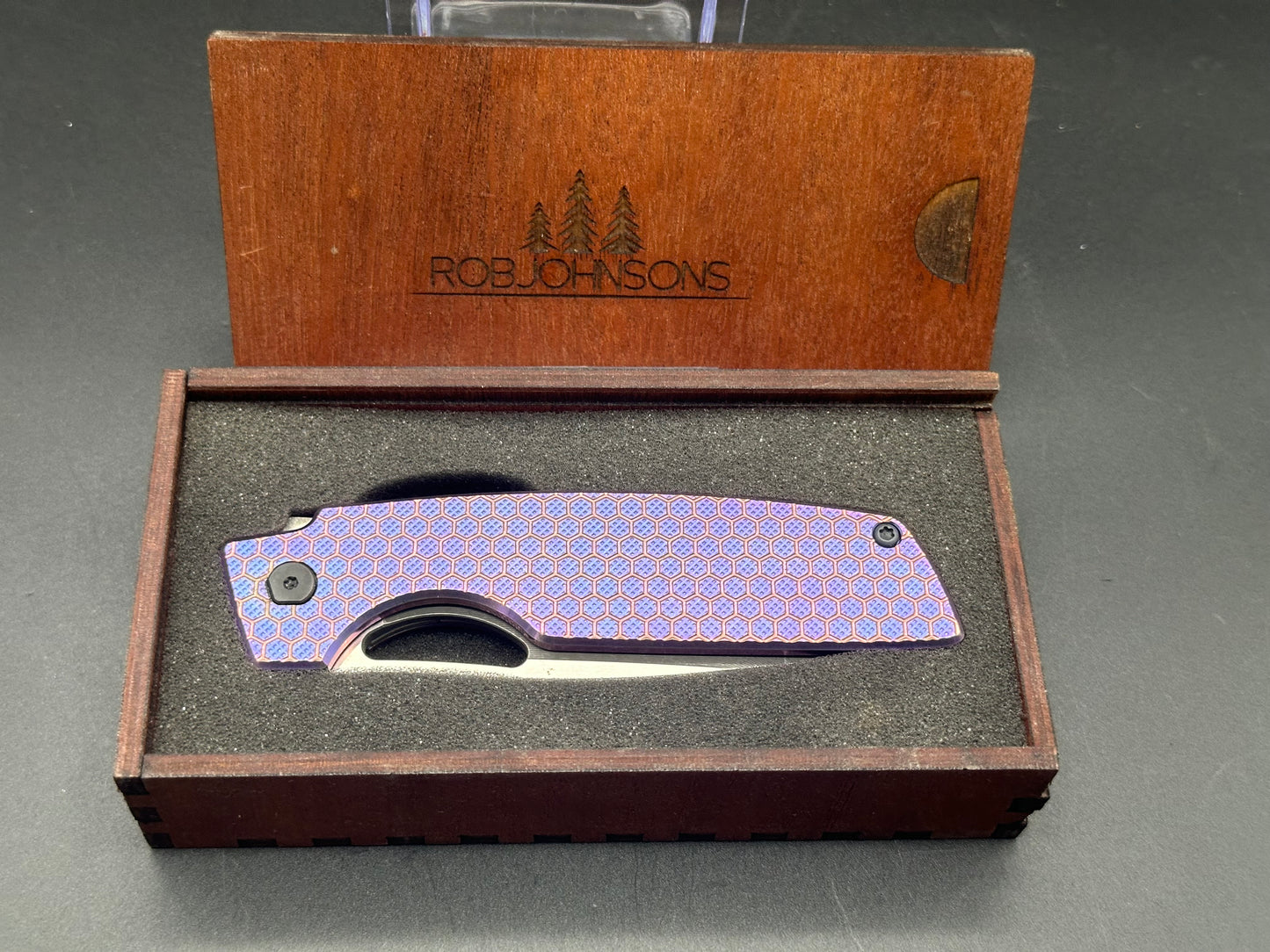 Rob Johnson Cedar 76V Purple titanium handle and rose gold hardware M390 acid washed blade