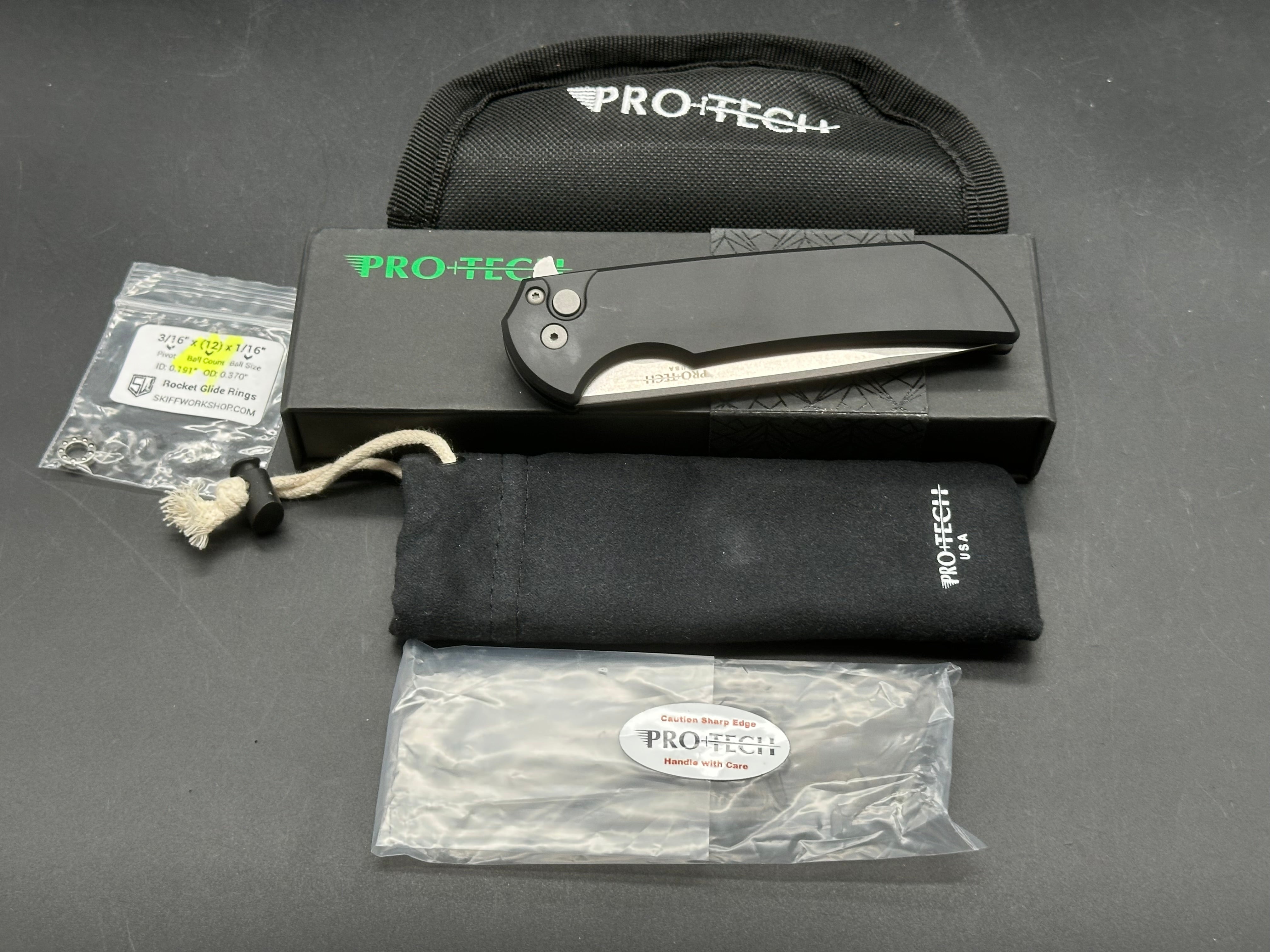 ProTech Mordax 3.6" CPM MagnaCut Stonewash Blade with Black Plain Aluminum Scales