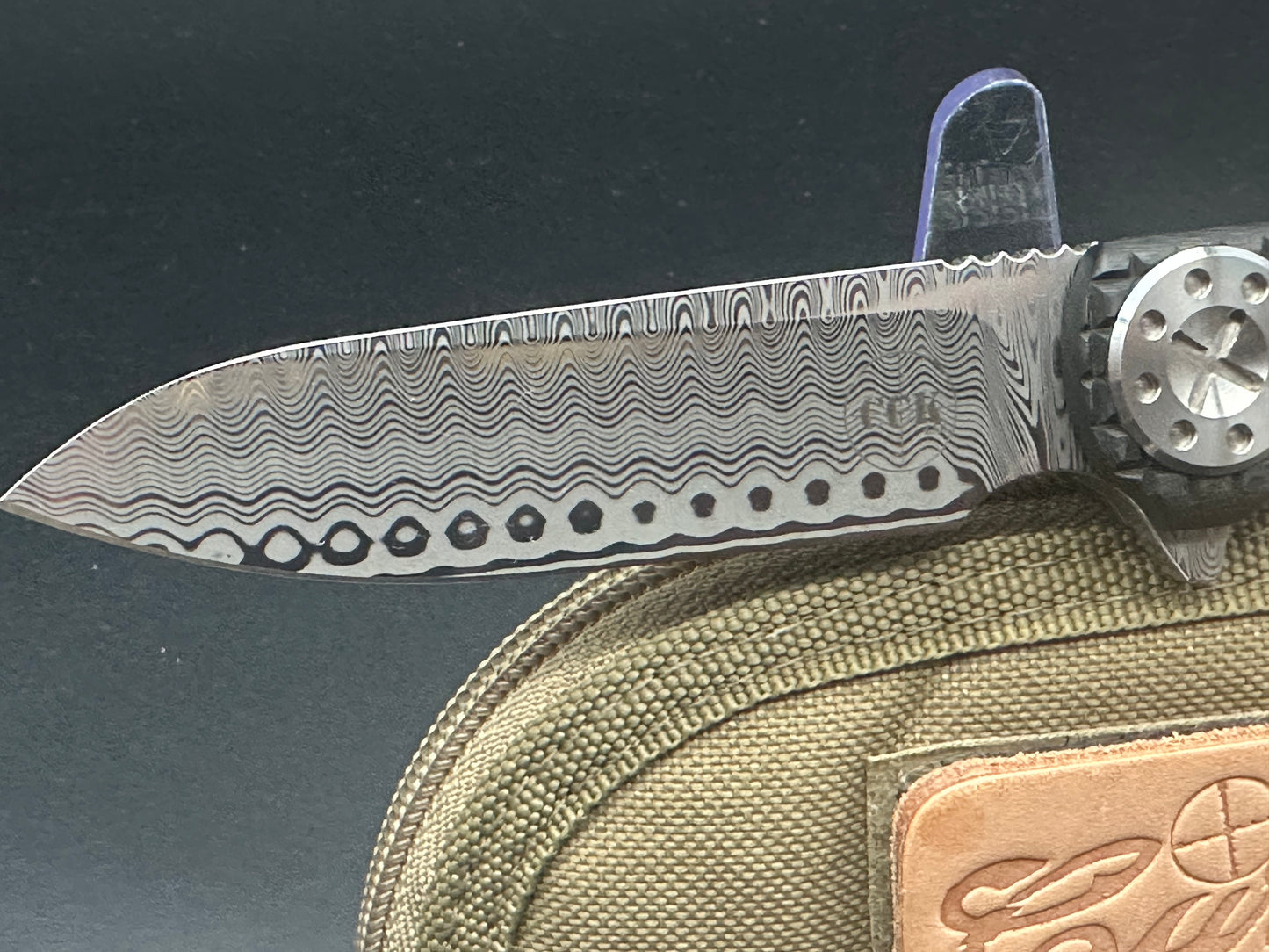 Curtiss Custom Knives- Cruze Damascus+frag patterned handle