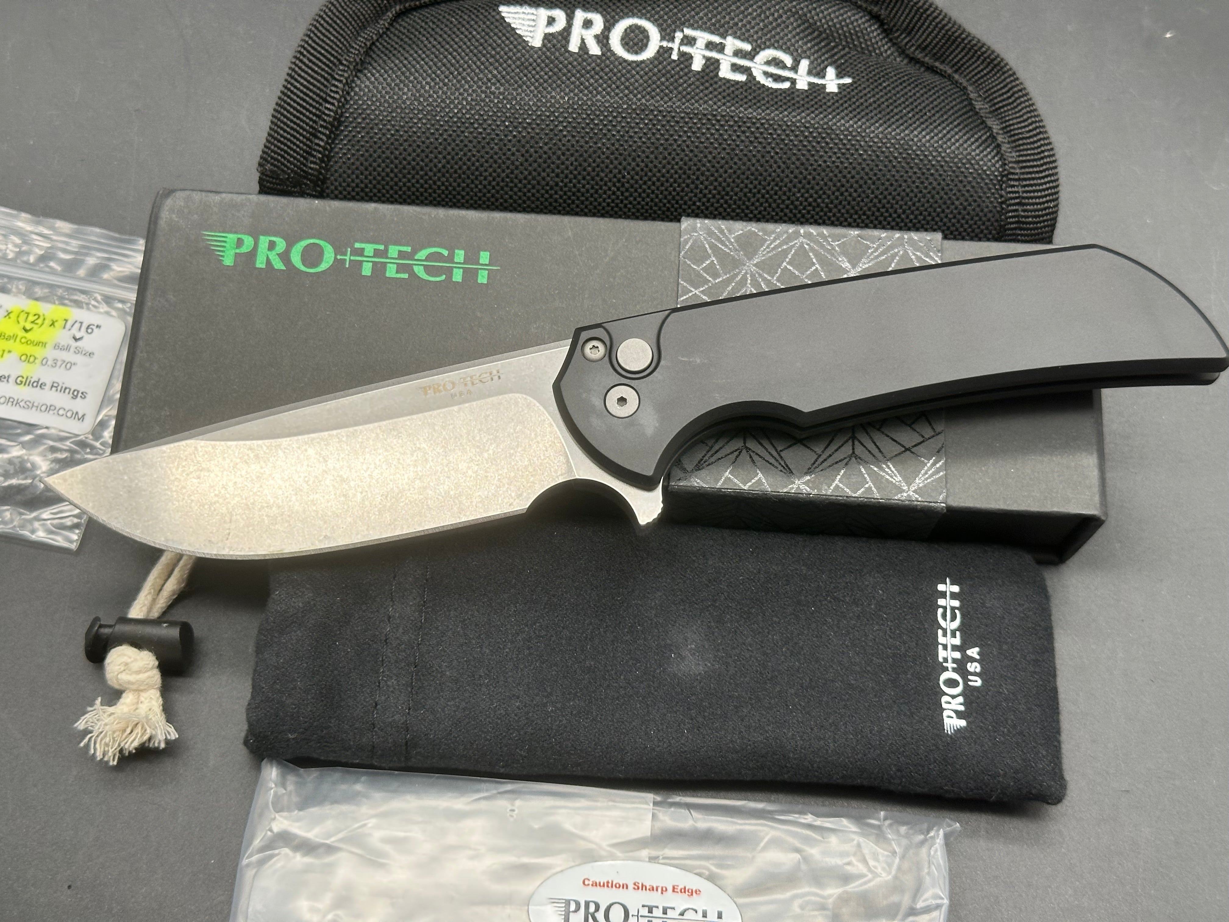 ProTech Mordax 3.6" CPM MagnaCut Stonewash Blade with Black Plain Aluminum Scales