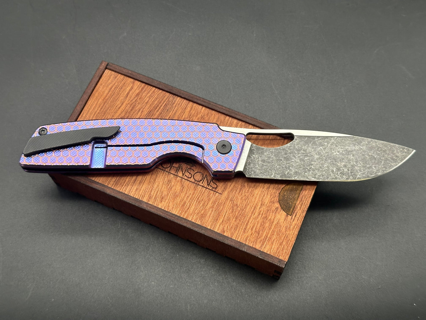 Rob Johnson Cedar 76V Purple titanium handle and rose gold hardware M390 acid washed blade