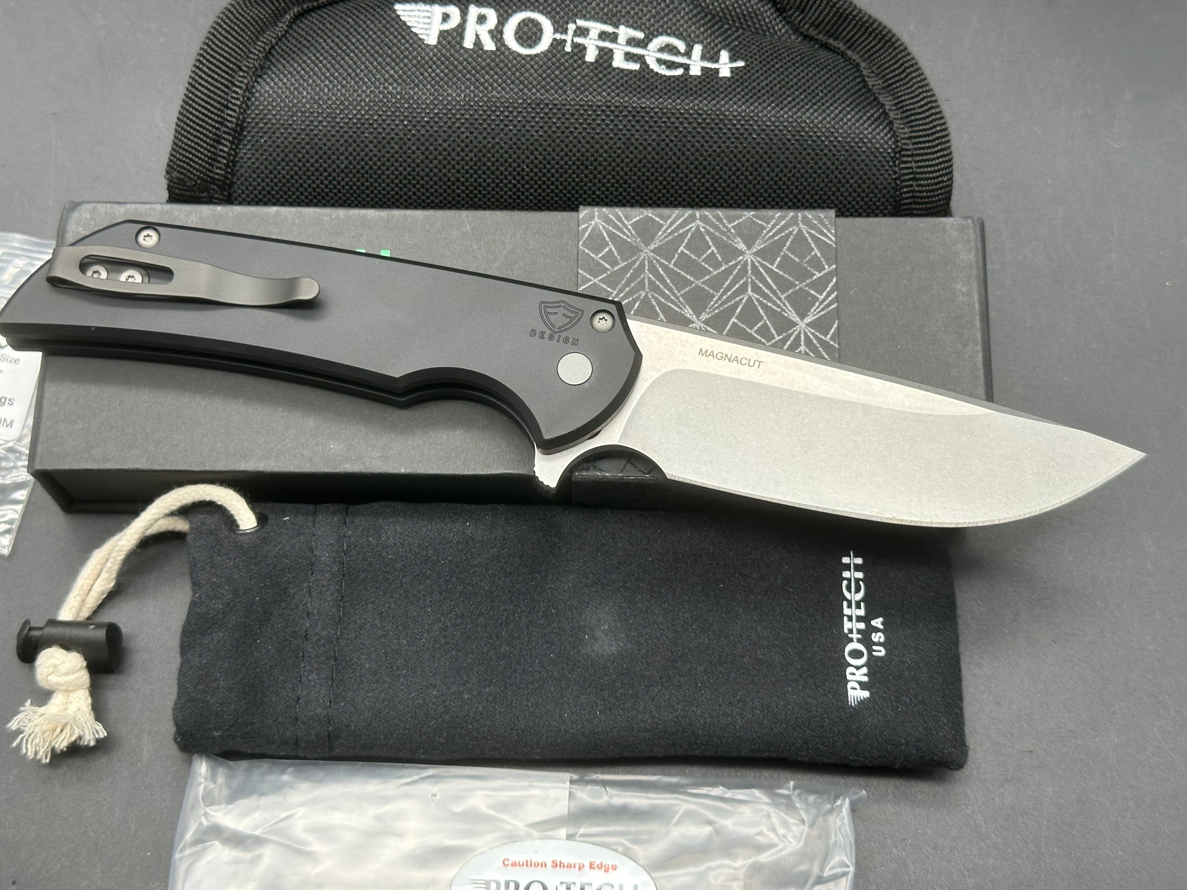 ProTech Mordax 3.6" CPM MagnaCut Stonewash Blade with Black Plain Aluminum Scales