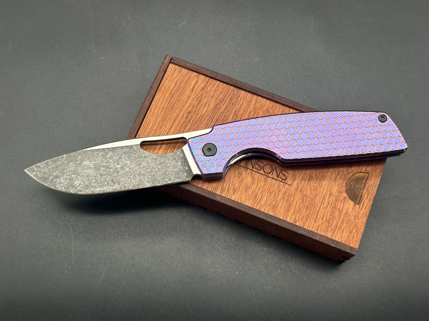 Rob Johnson Cedar 76V Purple titanium handle and rose gold hardware M390 acid washed blade