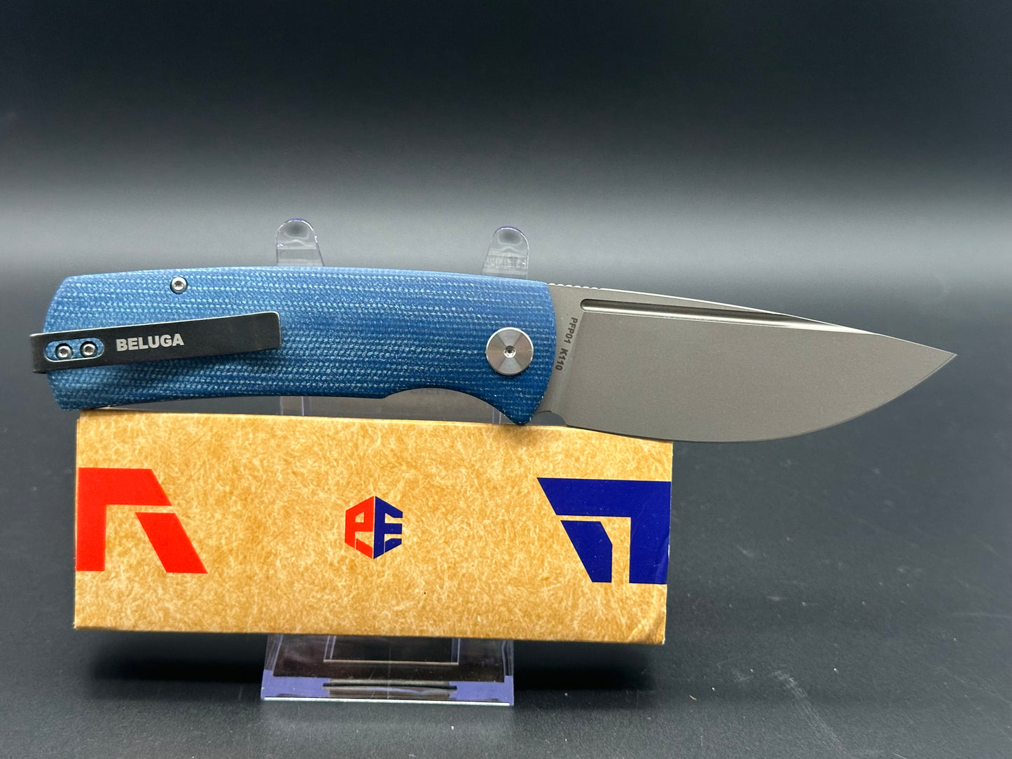 PETRIFIED FISH BELUGA FOLDING KNIFE BLUE MICARTA HANDLE K110 PLAIN EDGE SANDBLASTED FINISH