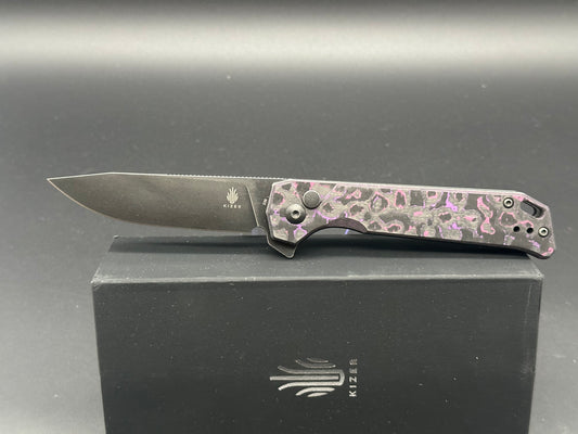 Kizer Begleiter2 Azo Button Lock Knife Purple/Black Fat Carbon