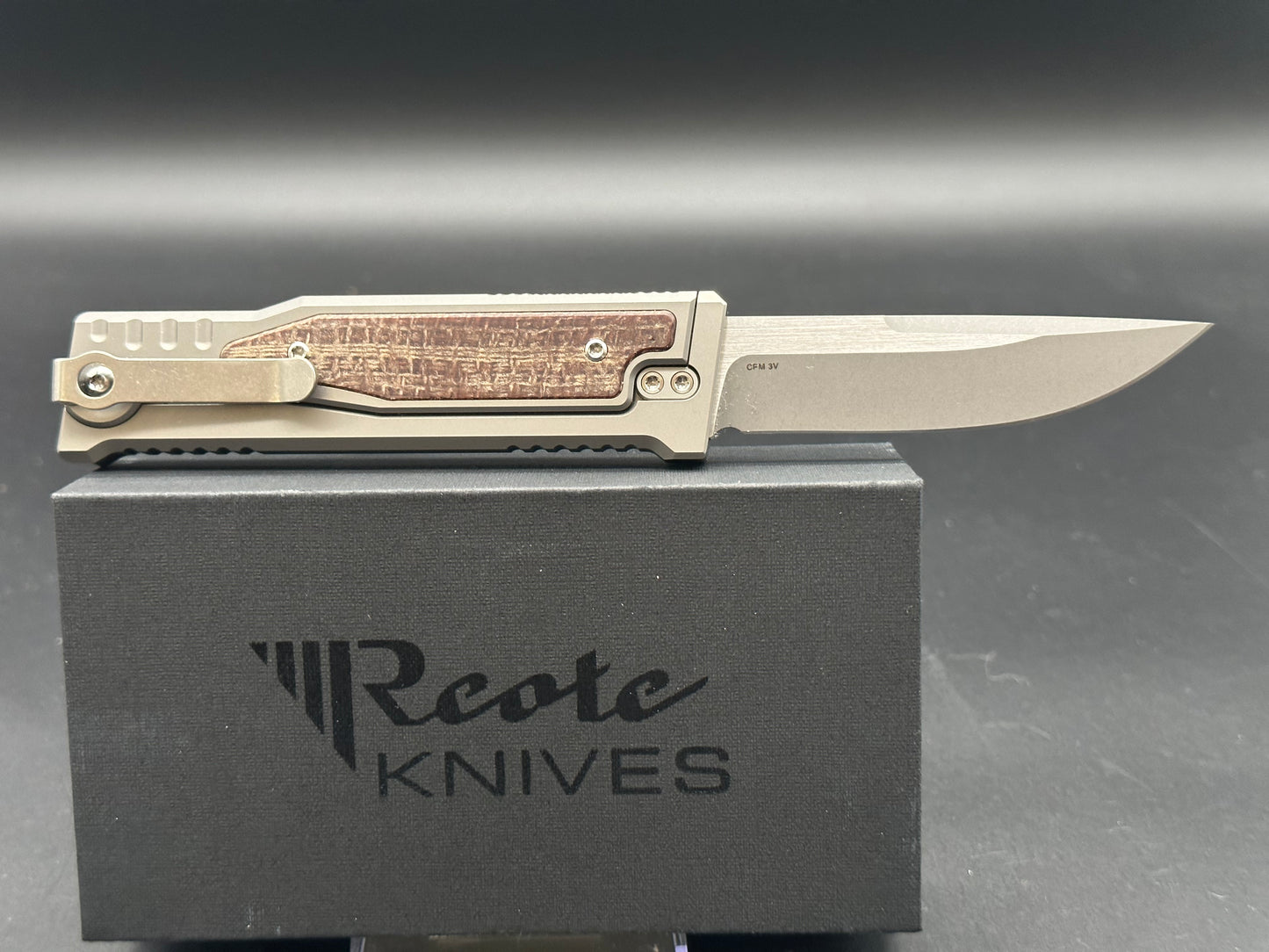 Reate Exo M Drop point burlap micarta w/3V blade