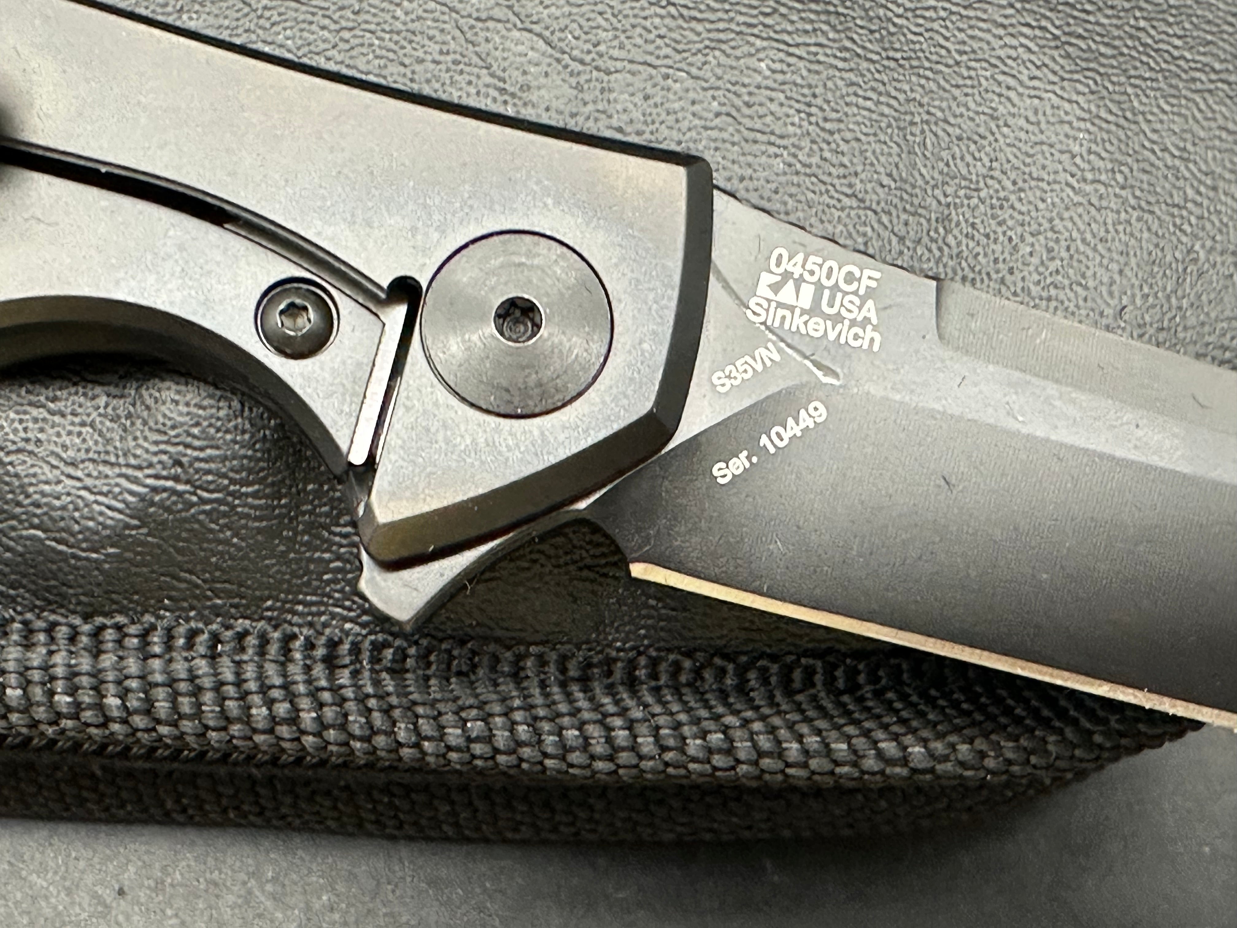 Zero Tolerance ZT 450 Sinkevich design: Dmitry Sinkevich design. 3.25 inch DLC black, stonewashed, drop point CPM-S35VN blade
