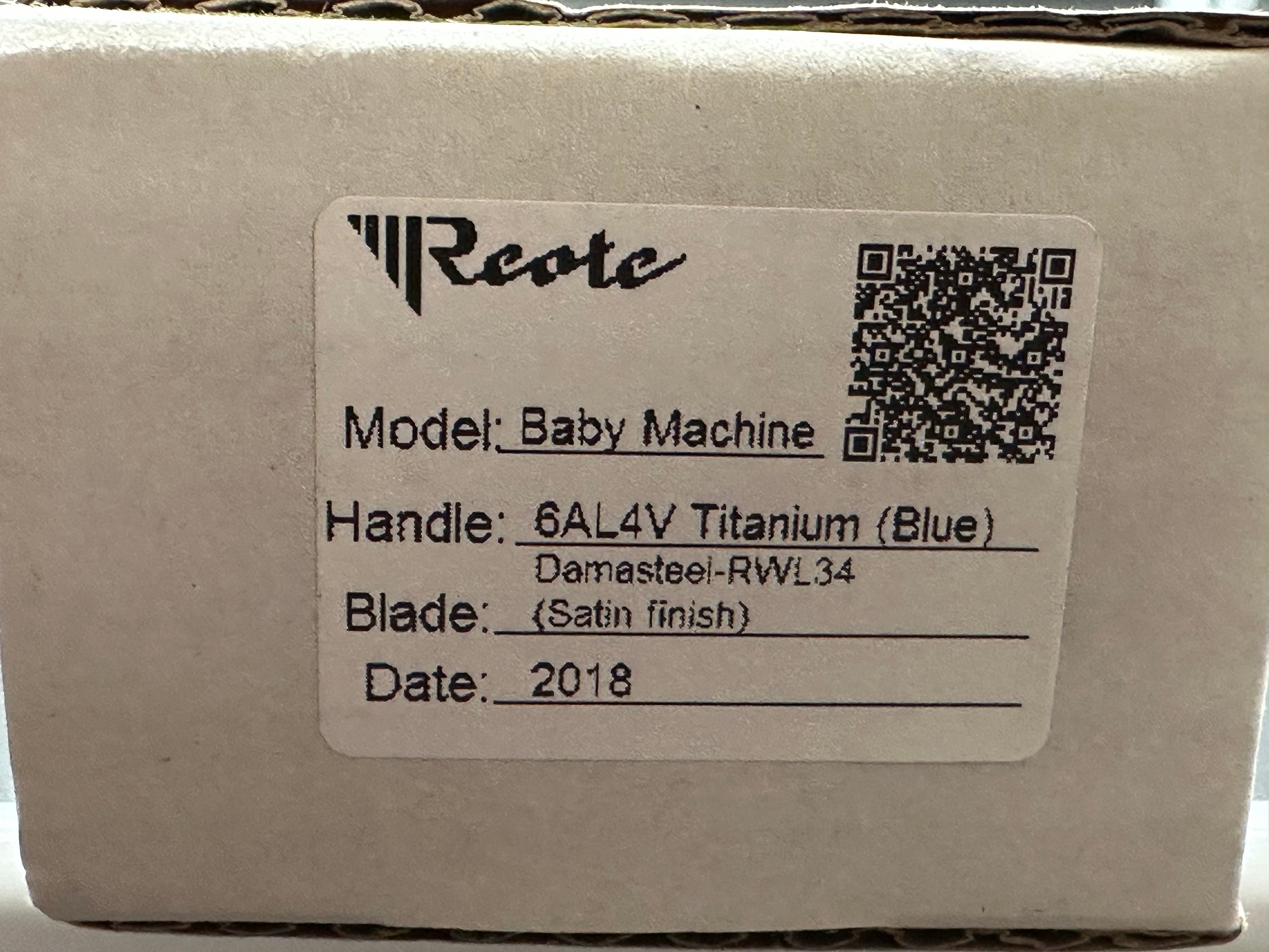 Reate Baby Machine: Tashi Bharucha design. 3.25 inch freeze edged, satin, sheepsfoot, clip point RWL-34 blade