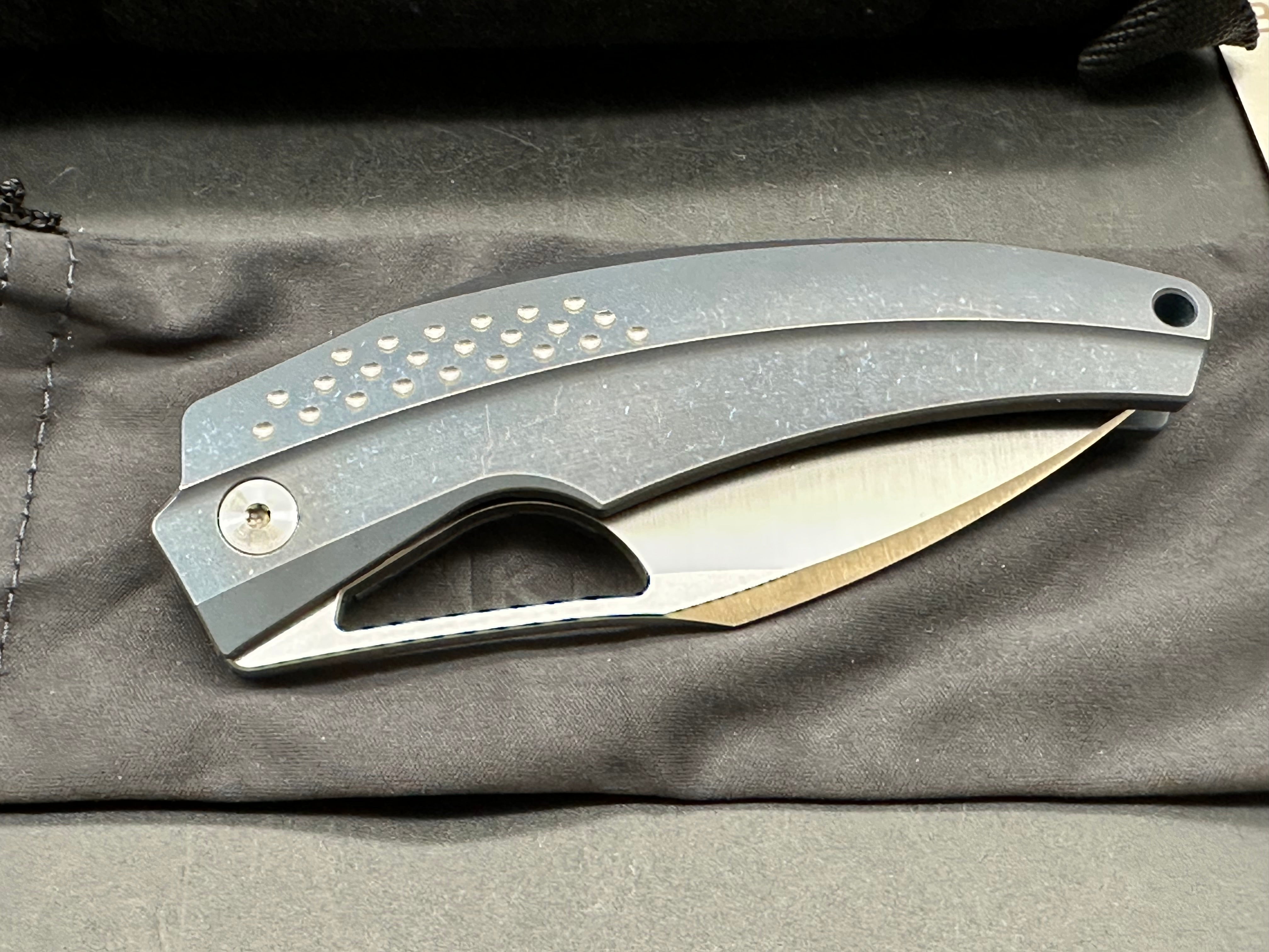 Reate Baby Machine: Tashi Bharucha design. 3.25 inch freeze edged, satin, sheepsfoot, clip point RWL-34 blade