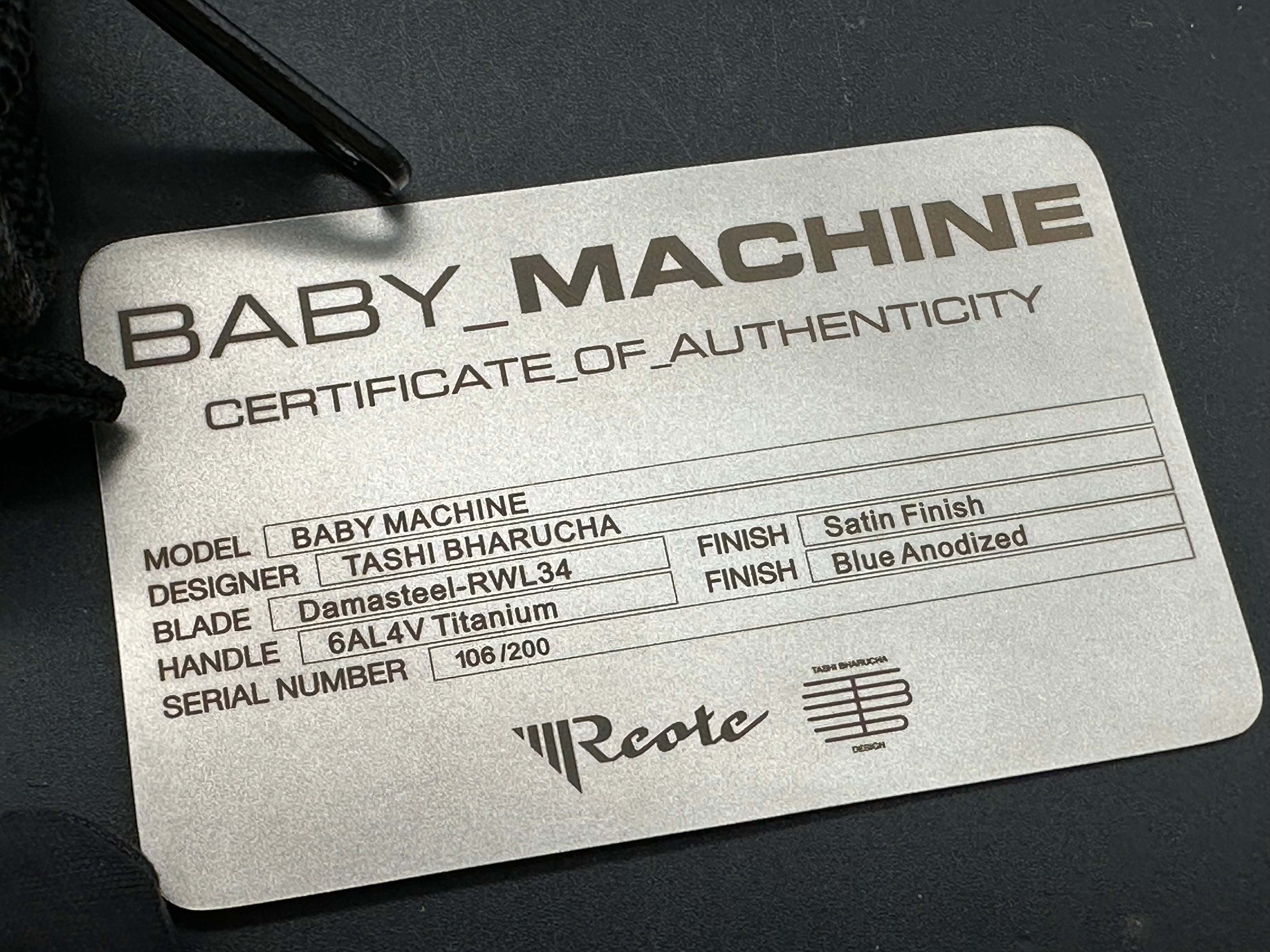 Reate Baby Machine: Tashi Bharucha design. 3.25 inch freeze edged, satin, sheepsfoot, clip point RWL-34 blade