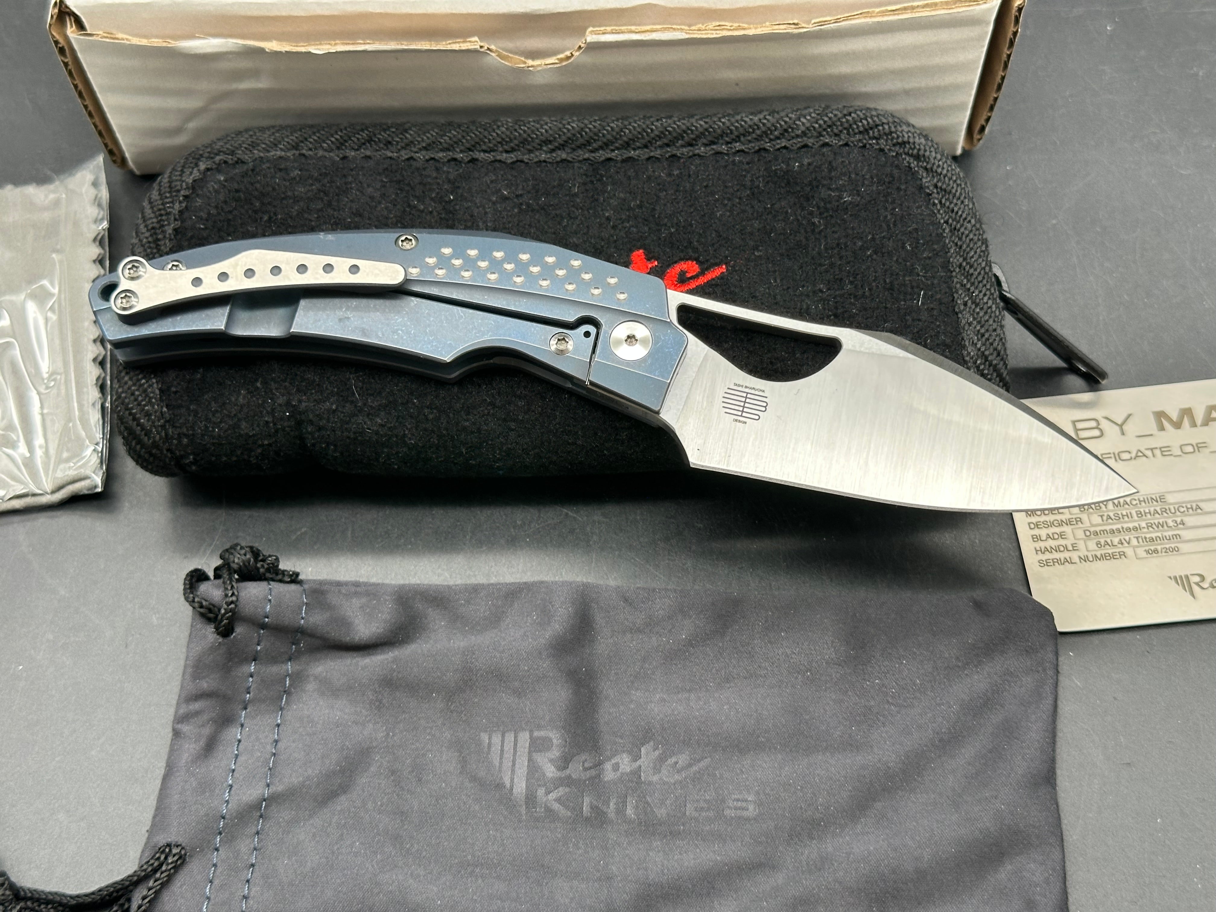 Reate Baby Machine: Tashi Bharucha design. 3.25 inch freeze edged, satin, sheepsfoot, clip point RWL-34 blade